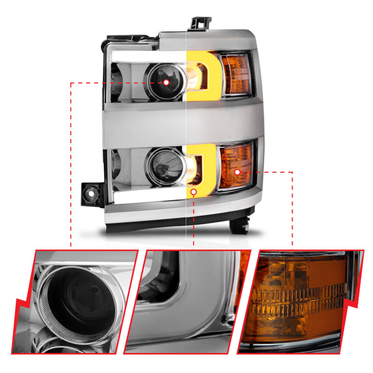 ANZO Projector Headlights 15-17 Chevrolet Silverado 2500HD / 3500HD Chrome w/ Chrome Rim - 111366