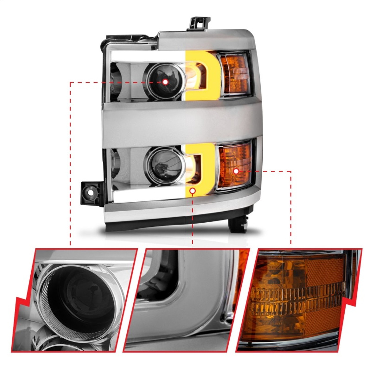 ANZO Projector Headlights 15-17 Chevrolet Silverado 2500HD / 3500HD Chrome w/ Chrome Rim - 111366