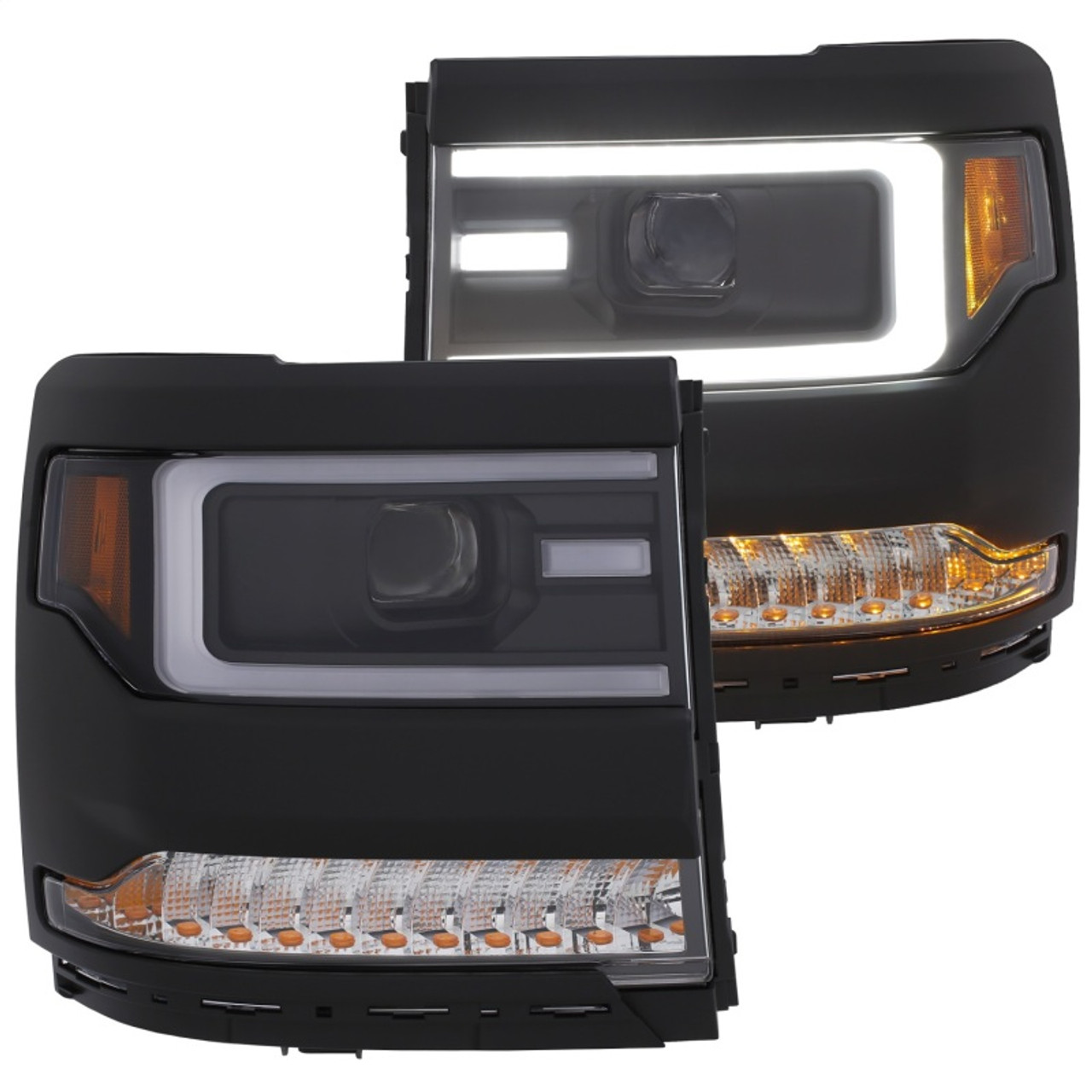 ANZO 16+ Chevy Silverado 1500 Projector Headlights Plank Style Black w/Amber/Sequential Turn Signal - 111375