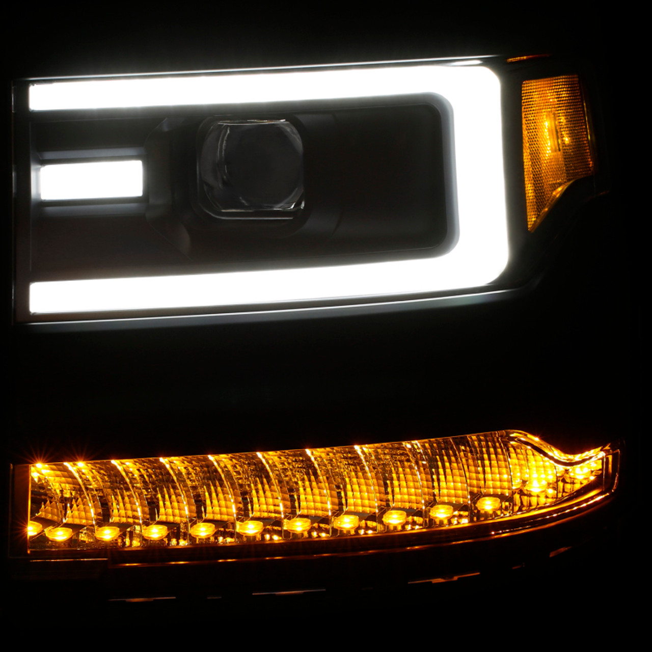 ANZO 16+ Chevy Silverado 1500 Projector Headlights Plank Style Black w/Amber/Sequential Turn Signal - 111375