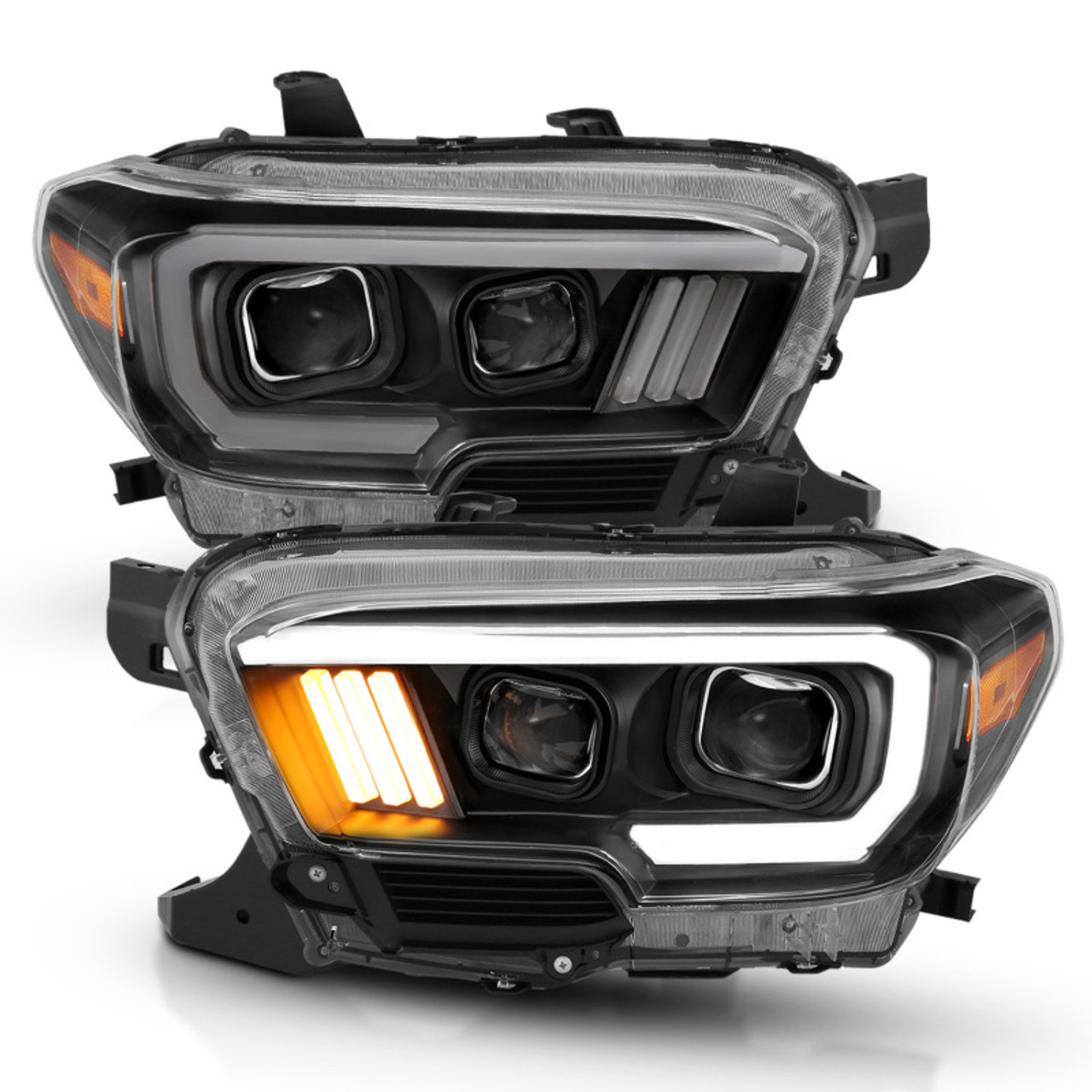 ANZO 2016-2017 Toyota Tacoma Projector Headlights w/ Plank Style Design Black/Amber w/ DRL - 111379