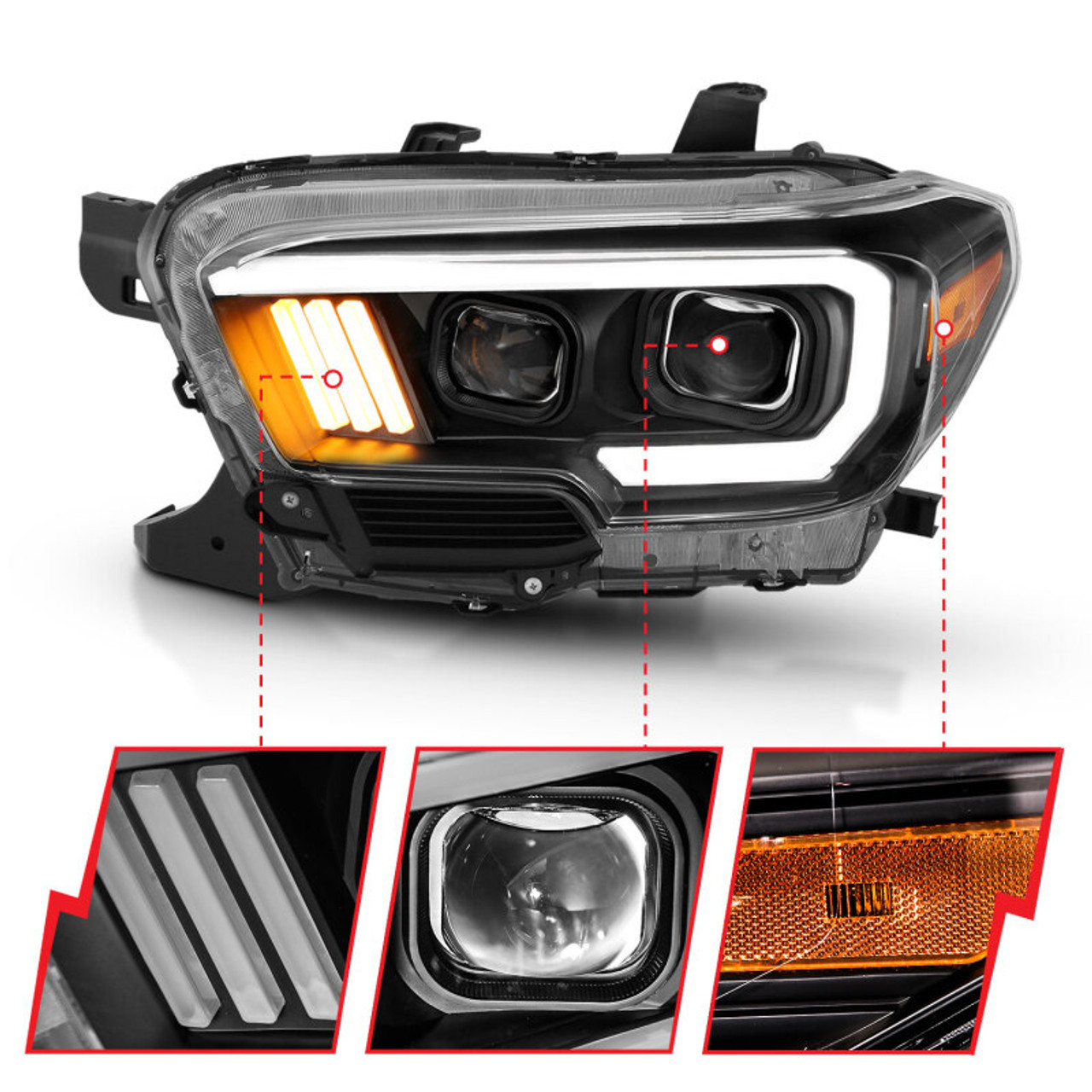 ANZO 2016-2017 Toyota Tacoma Projector Headlights w/ Plank Style Design Black/Amber w/ DRL - 111379