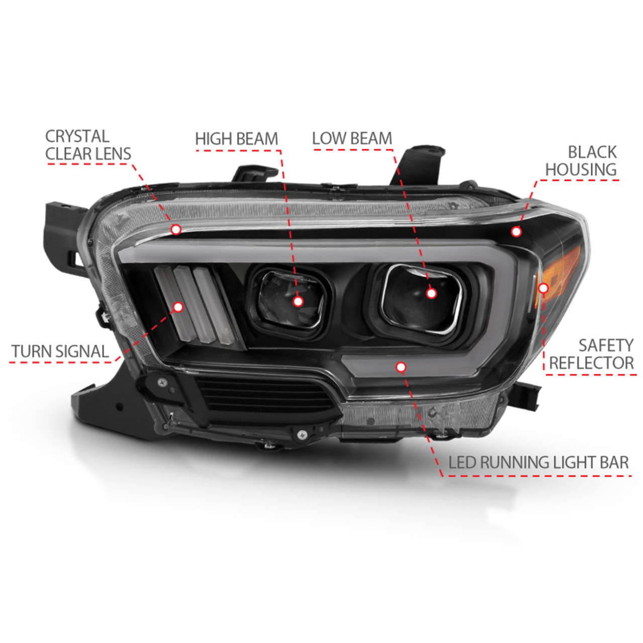 ANZO 2016-2017 Toyota Tacoma Projector Headlights w/ Plank Style Design Black/Amber w/ DRL - 111379