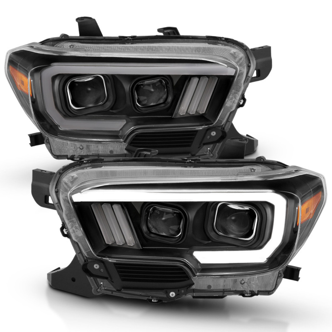 ANZO 2016-2017 Toyota Tacoma Projector Headlights w/ Plank Style Design Black/Amber w/ DRL - 111379