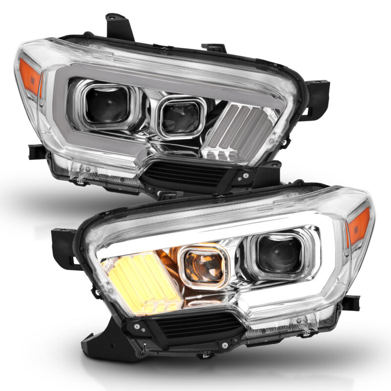 ANZO 2016-2017 Toyota Tacoma Projector Headlights w/ Plank Style Design Chrome/Amber w/ DRL - 111380