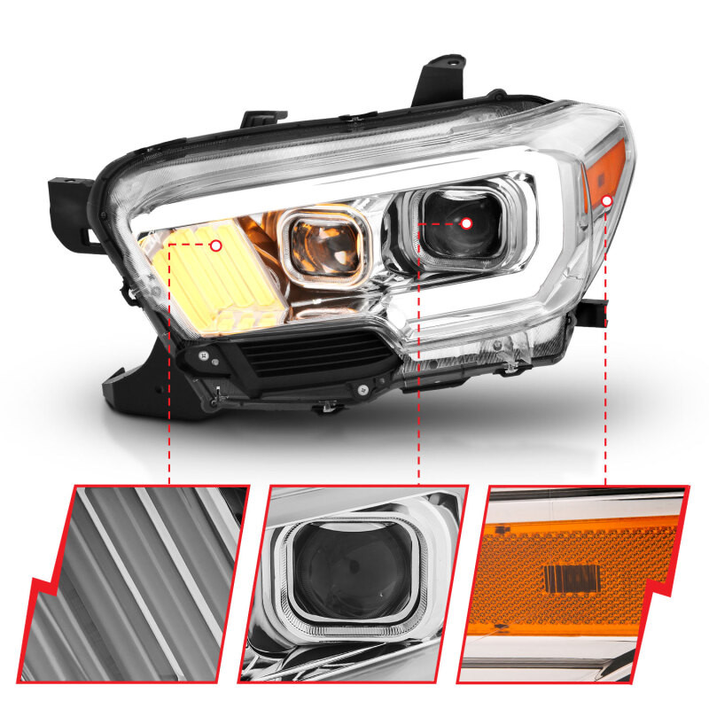 ANZO 2016-2017 Toyota Tacoma Projector Headlights w/ Plank Style Design Chrome/Amber w/ DRL - 111380