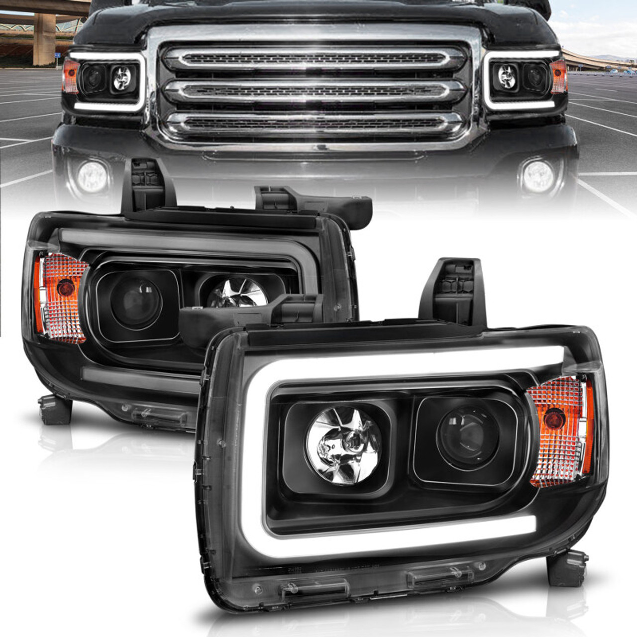 ANZO 2015+ GMC Canyon Projector Headlights w/ Plank Style Design Black w/ Amber - 111381