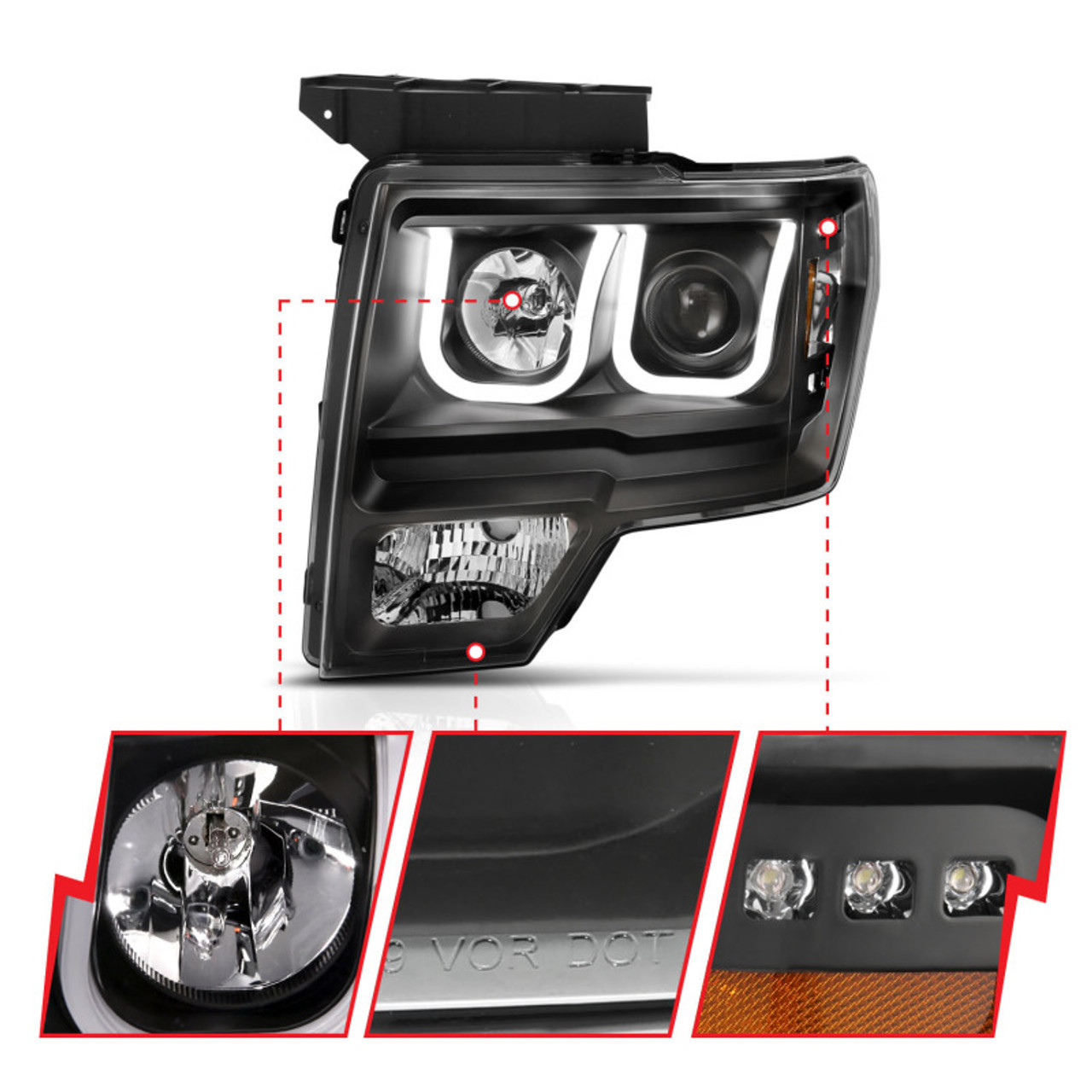 ANZO 2009-2014 Ford F-150 Projector Headlights w/ U-Bar Switchback Black w/ Amber - 111383