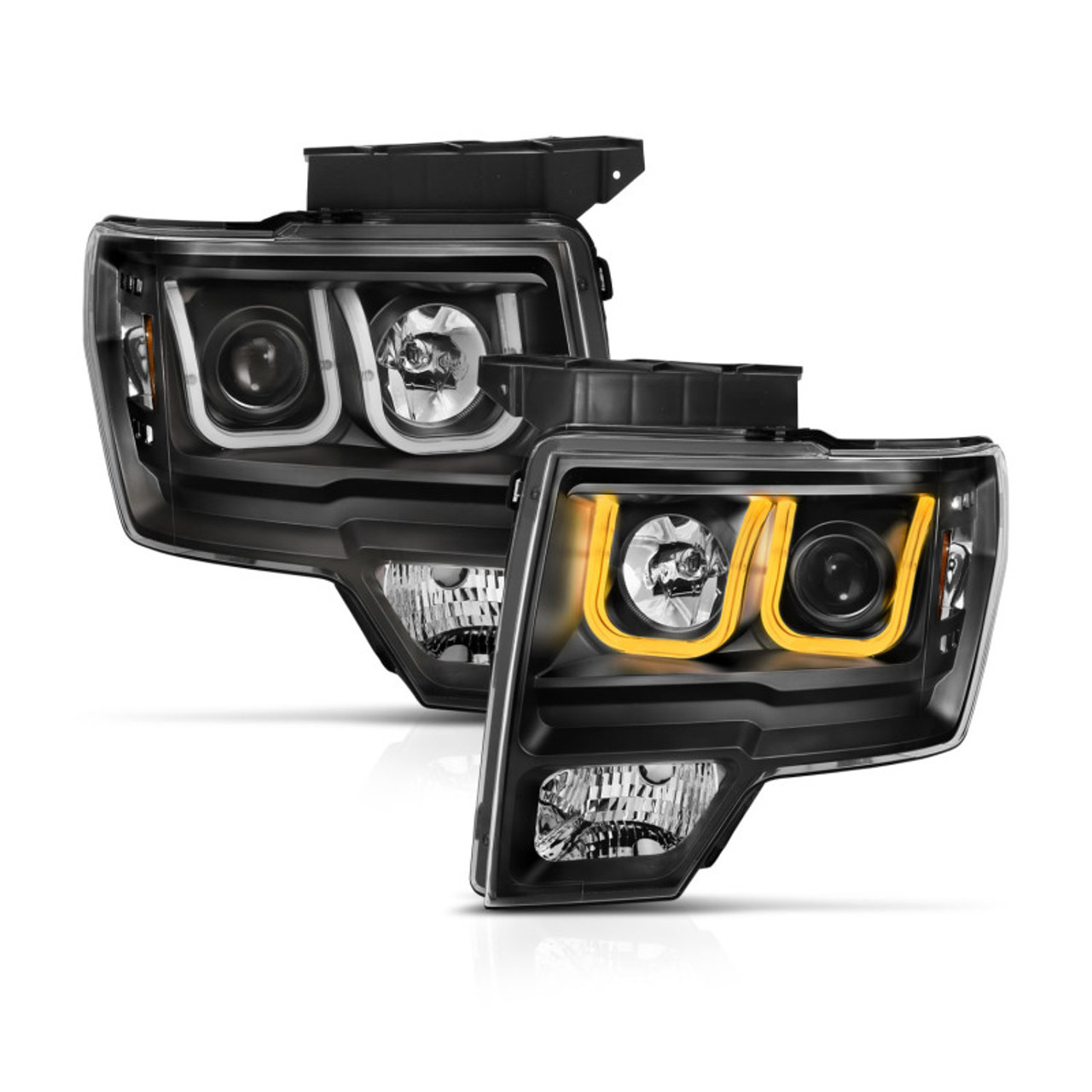 ANZO 2009-2014 Ford F-150 Projector Headlights w/ U-Bar Switchback Black w/ Amber - 111383