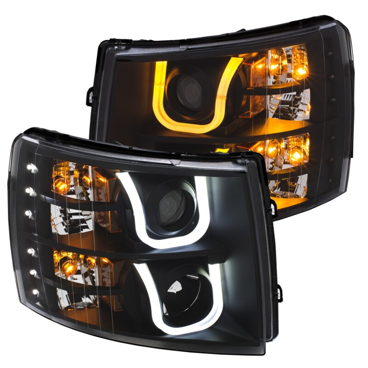 ANZO 2007-2013 Chevrolet Silverado 1500/2500 Projector Headlights w/ U-Bar Switchback Black w/ Amber - 111384