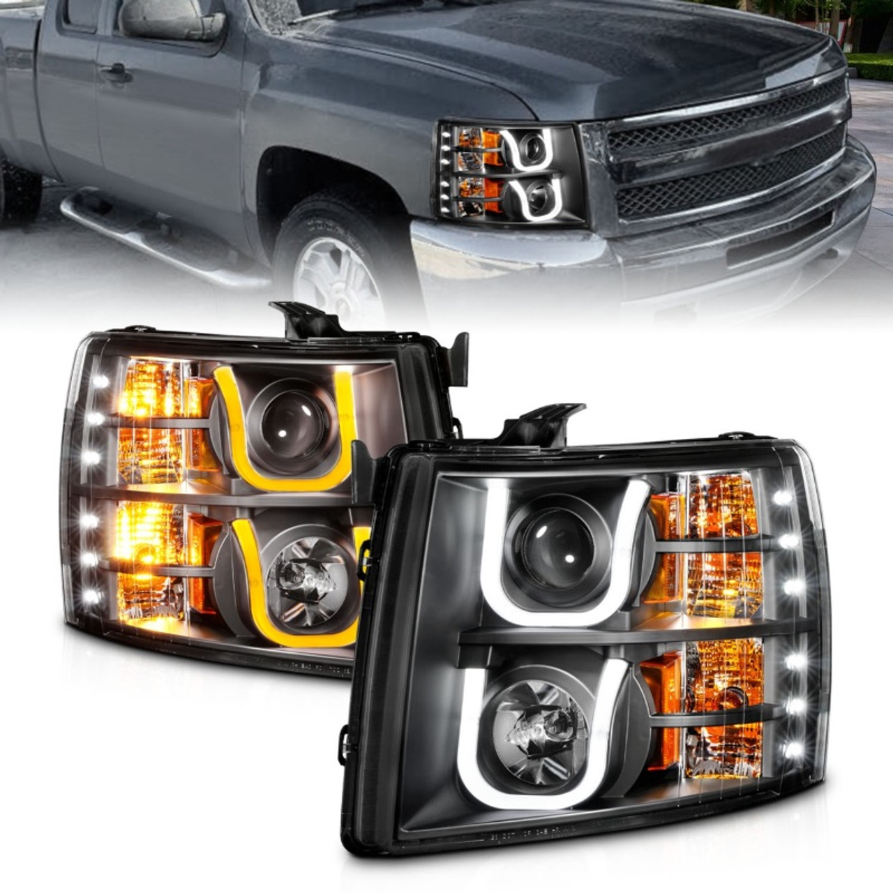ANZO 2007-2013 Chevrolet Silverado 1500/2500 Projector Headlights w/ U-Bar Switchback Black w/ Amber - 111384