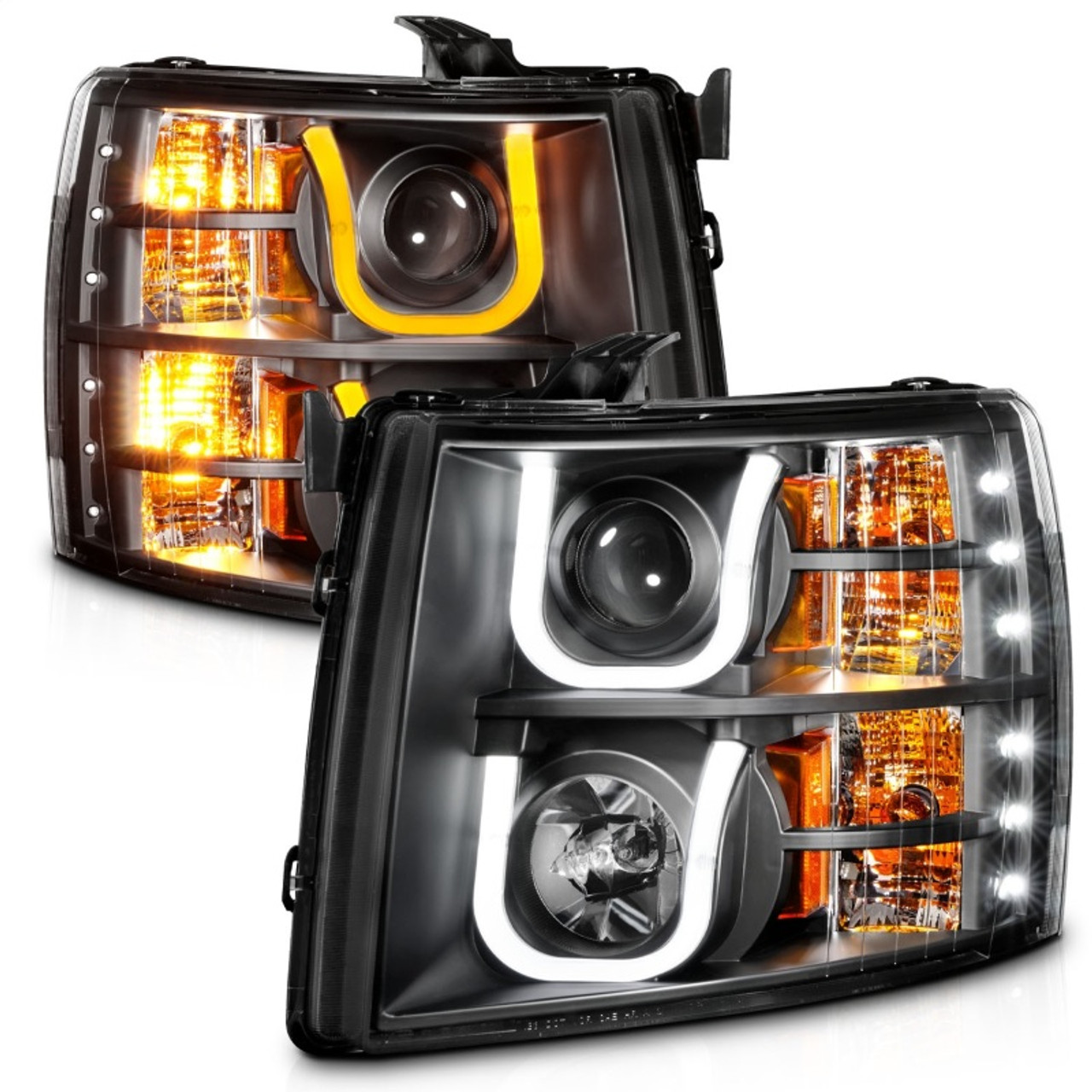 ANZO 2007-2013 Chevrolet Silverado 1500/2500 Projector Headlights w/ U-Bar Switchback Black w/ Amber - 111384