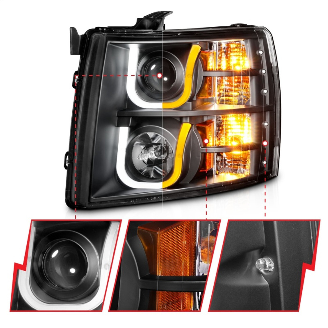 ANZO 2007-2013 Chevrolet Silverado 1500/2500 Projector Headlights w/ U-Bar Switchback Black w/ Amber - 111384