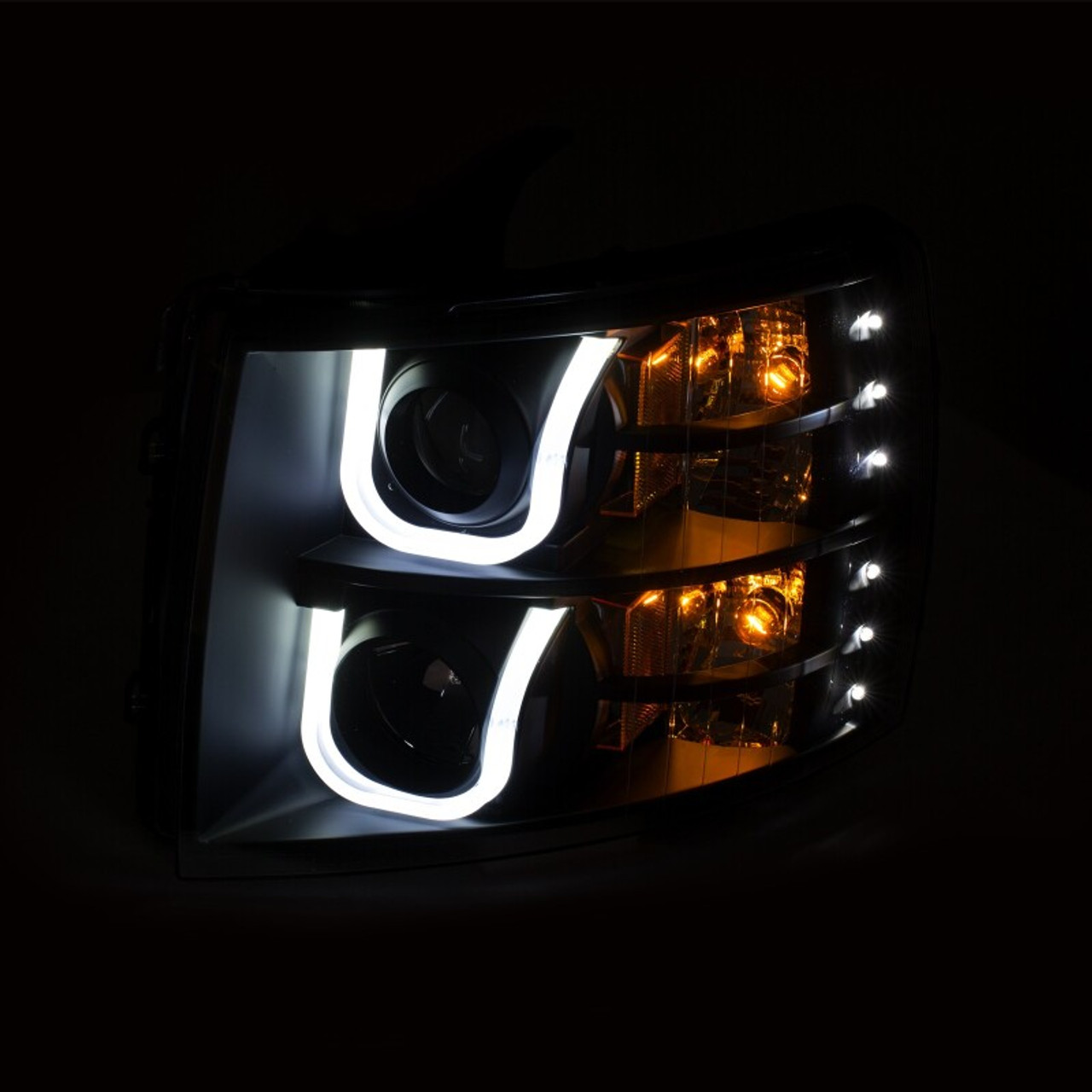 ANZO 2007-2013 Chevrolet Silverado 1500/2500 Projector Headlights w/ U-Bar Switchback Black w/ Amber - 111384