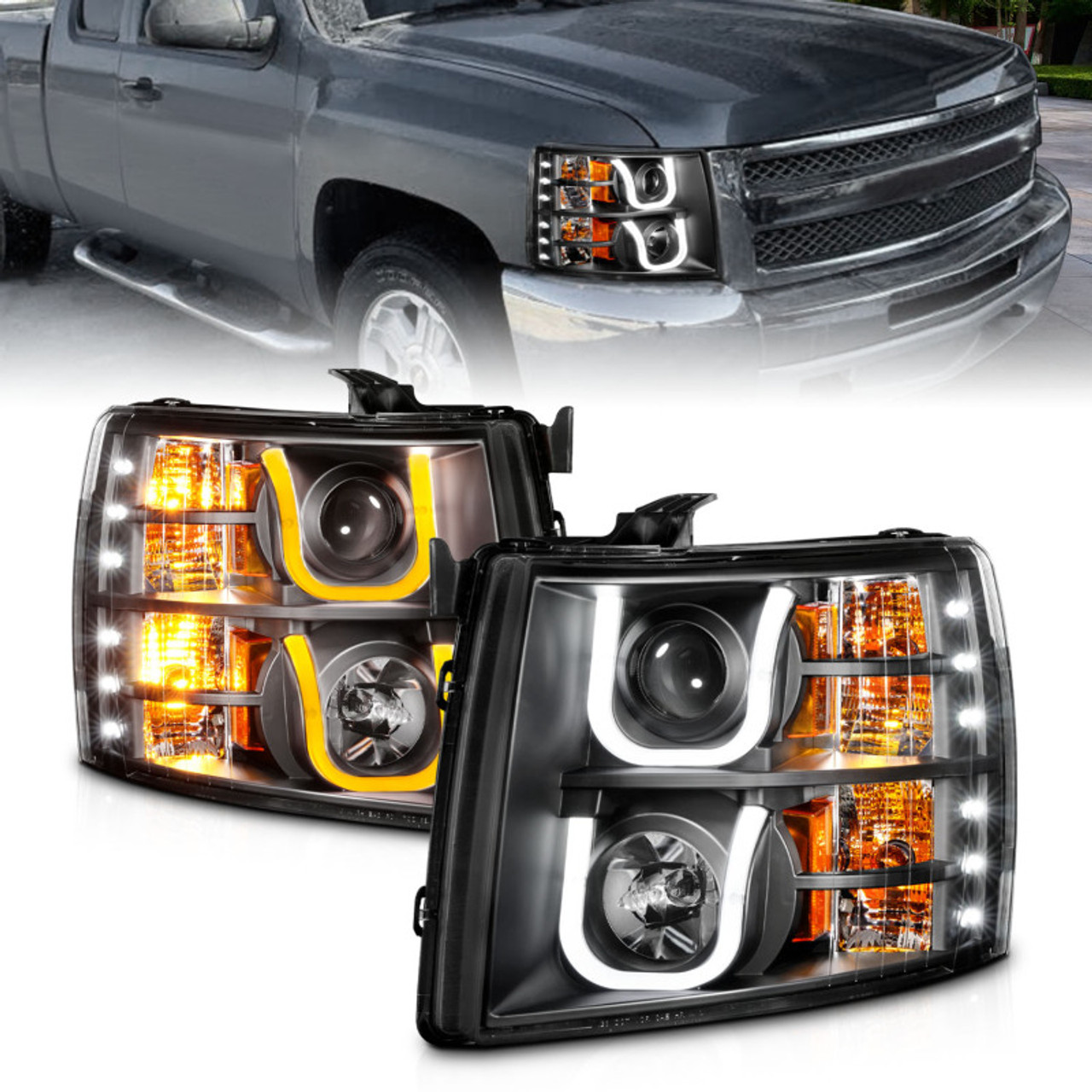 ANZO 2007-2013 Chevrolet Silverado 1500/2500 Projector Headlights w/ U-Bar Switchback Black w/ Amber - 111384