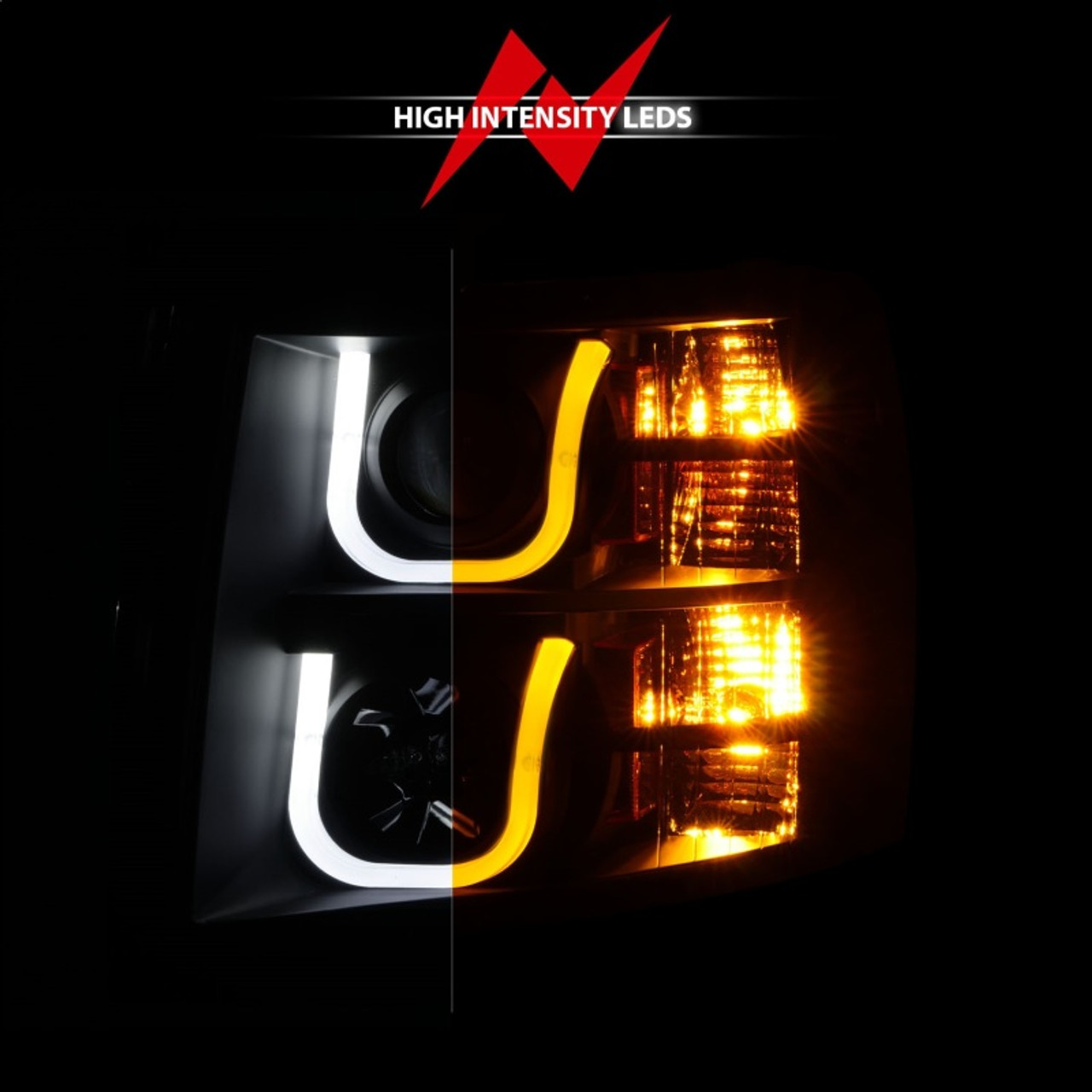 ANZO 2007-2013 Chevrolet Silverado 1500/2500 Projector Headlights w/ U-Bar Switchback Black w/ Amber - 111384