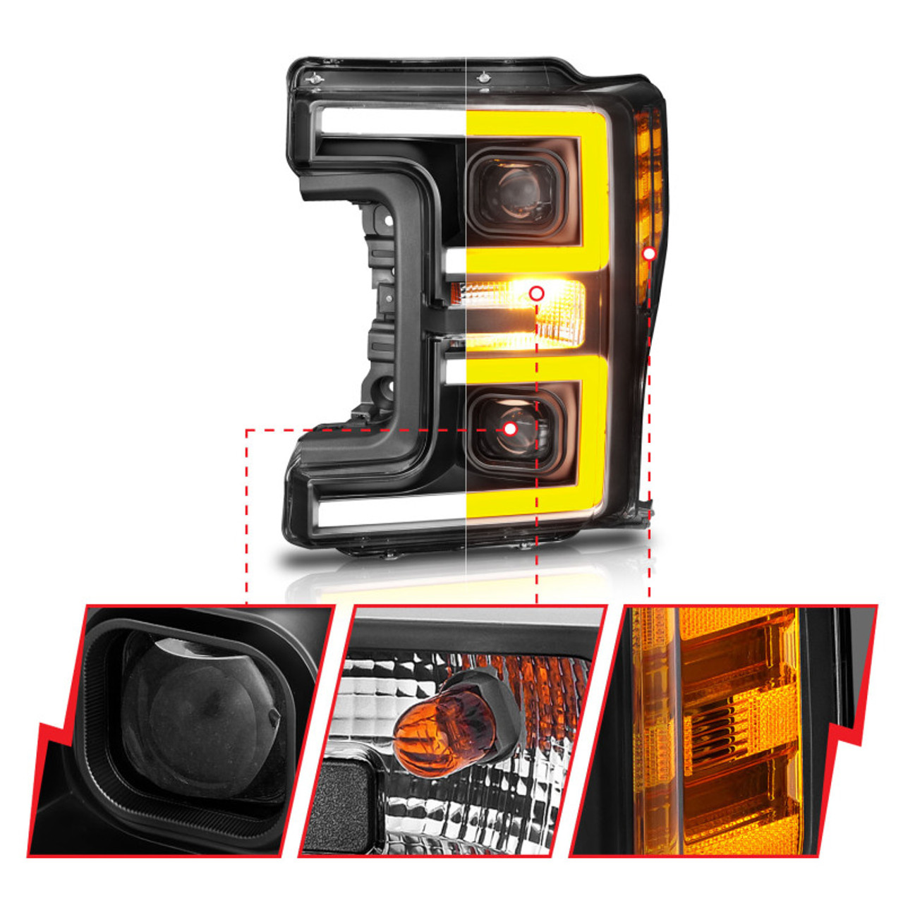 ANZO LED Headlights 17-18 Ford F-250 Super Duty Plank-Style L.E.D. Headlight Black (Pair) - 111388