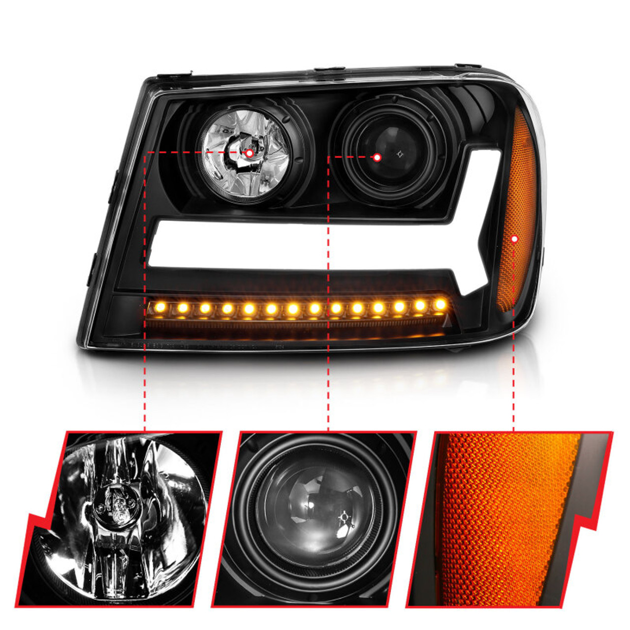 ANZO 2006-2009 Chevrolet Trailblazer Projector Headlights w/ Plank Style Design Black w/ Amber - 111390