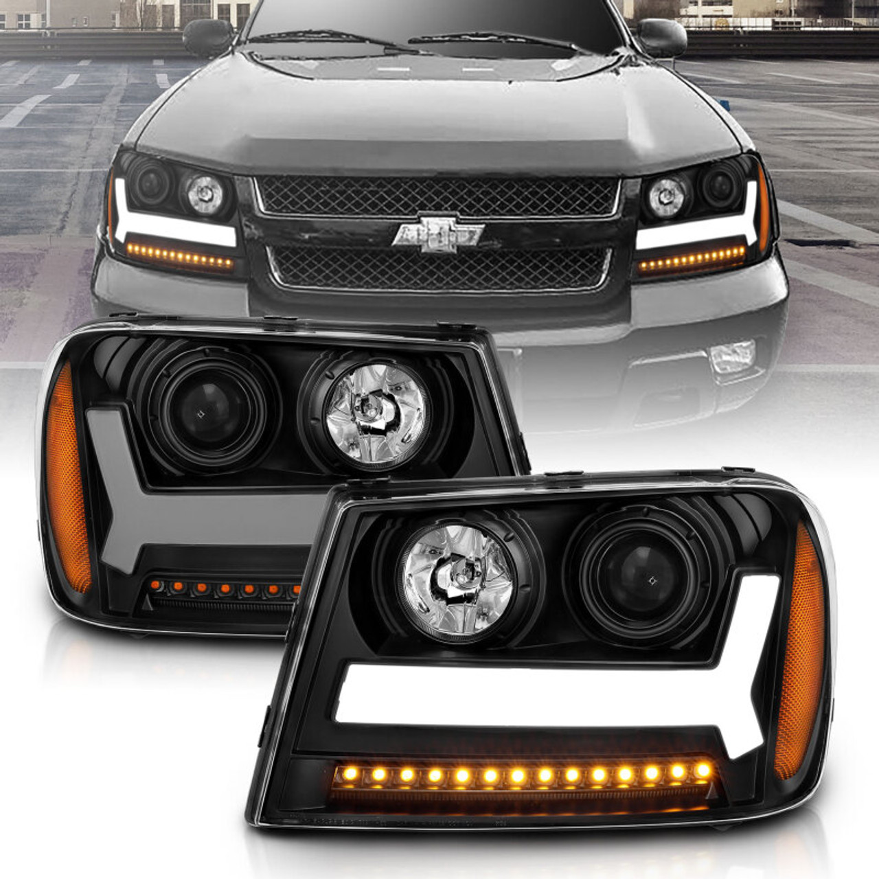 ANZO 2006-2009 Chevrolet Trailblazer Projector Headlights w/ Plank Style Design Black w/ Amber - 111390