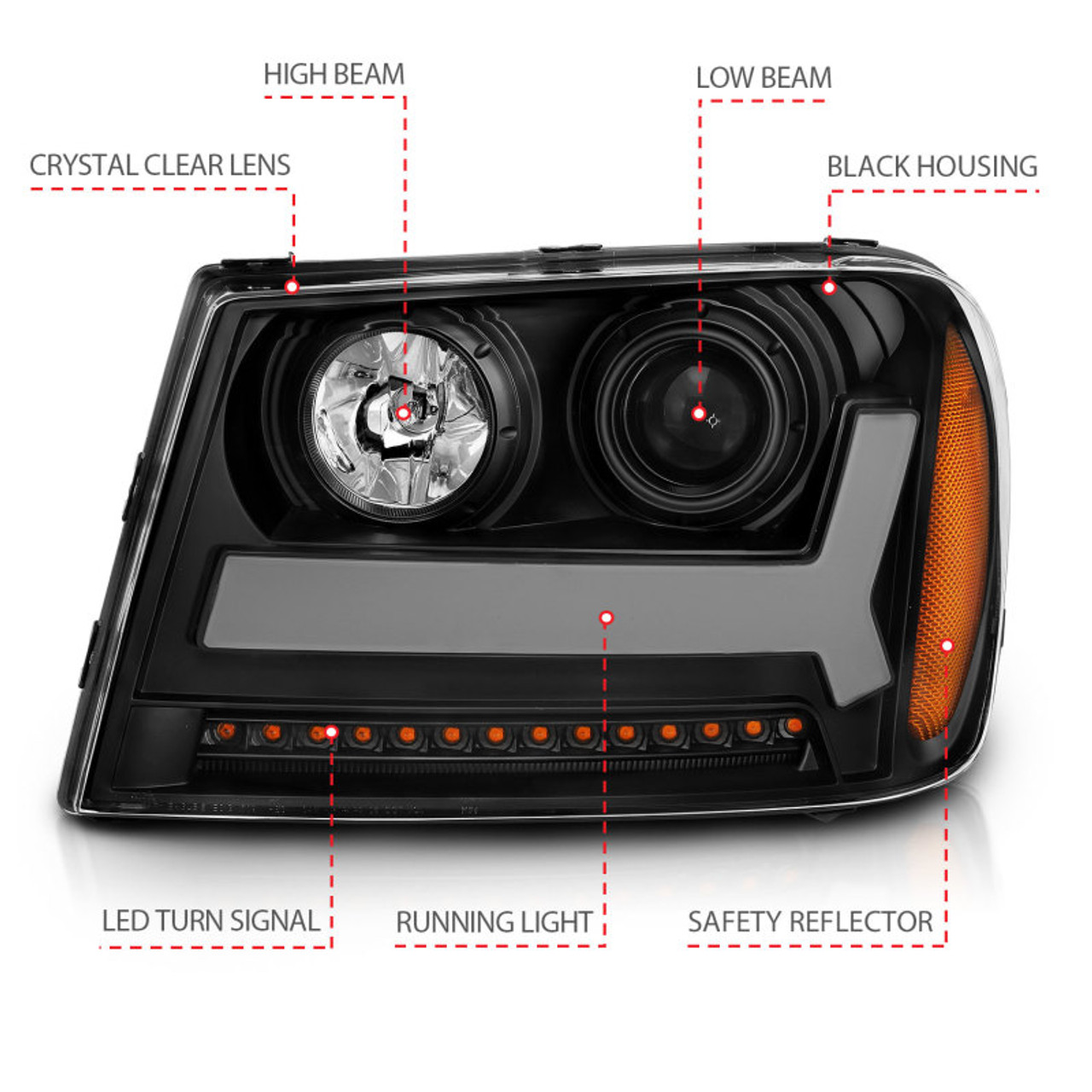 ANZO 2006-2009 Chevrolet Trailblazer Projector Headlights w/ Plank Style Design Black w/ Amber - 111390