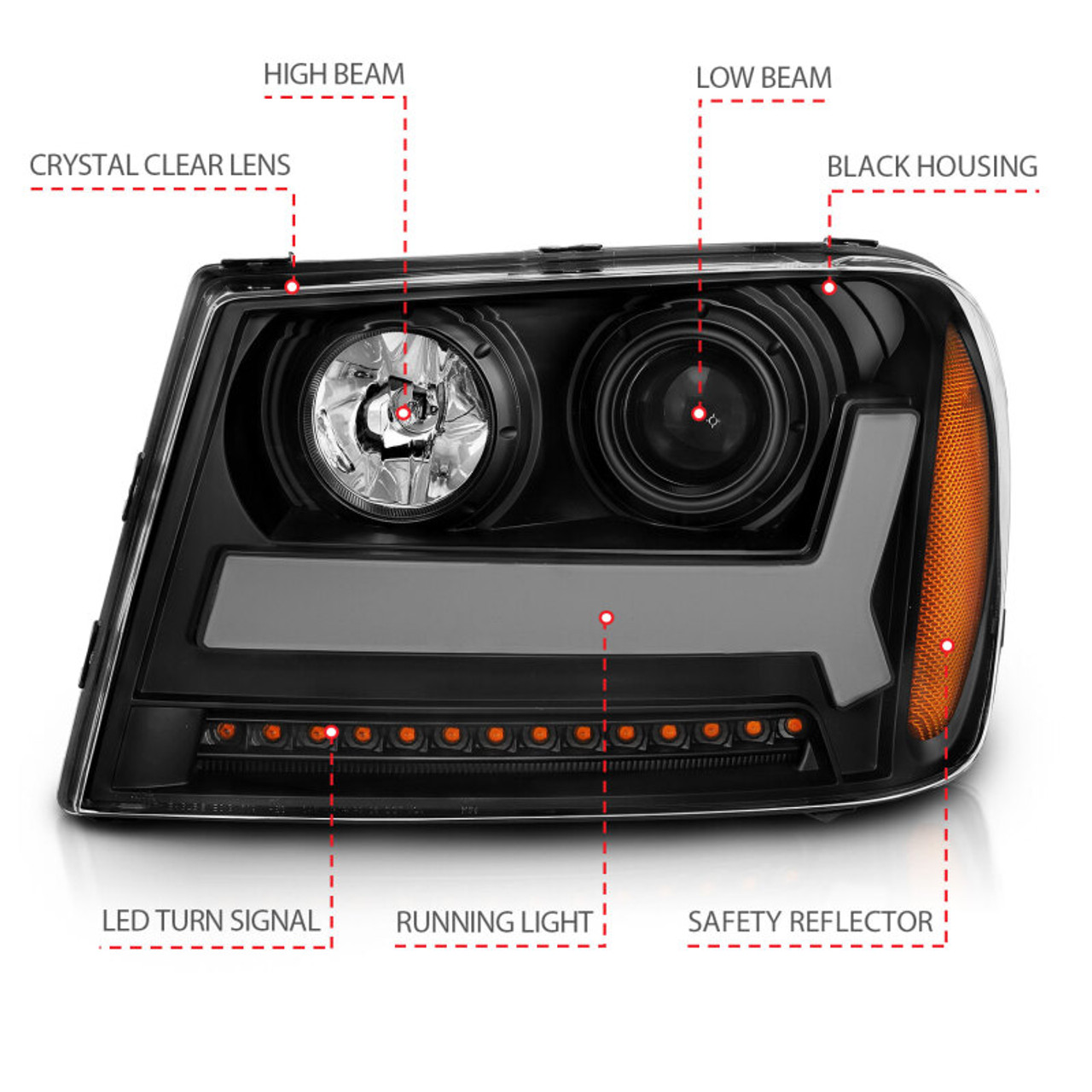 ANZO 2006-2009 Chevrolet Trailblazer Projector Headlights w/ Plank Style Design Black w/ Amber - 111390