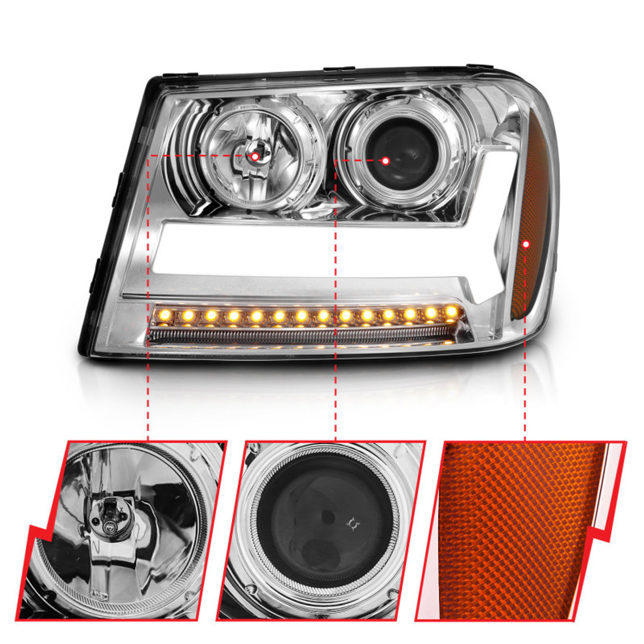 ANZO 2006-2009 Chevrolet Trailblazer Projector Headlights w/ Plank Style Design Chrome w/ Amber - 111391