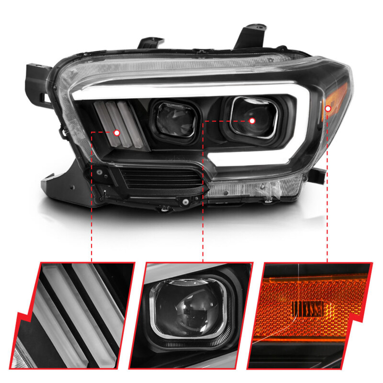 ANZO 2016-2017 Toyota Tacoma Projector Headlights w/ Plank Style Switchback Black w/ Amber - 111396