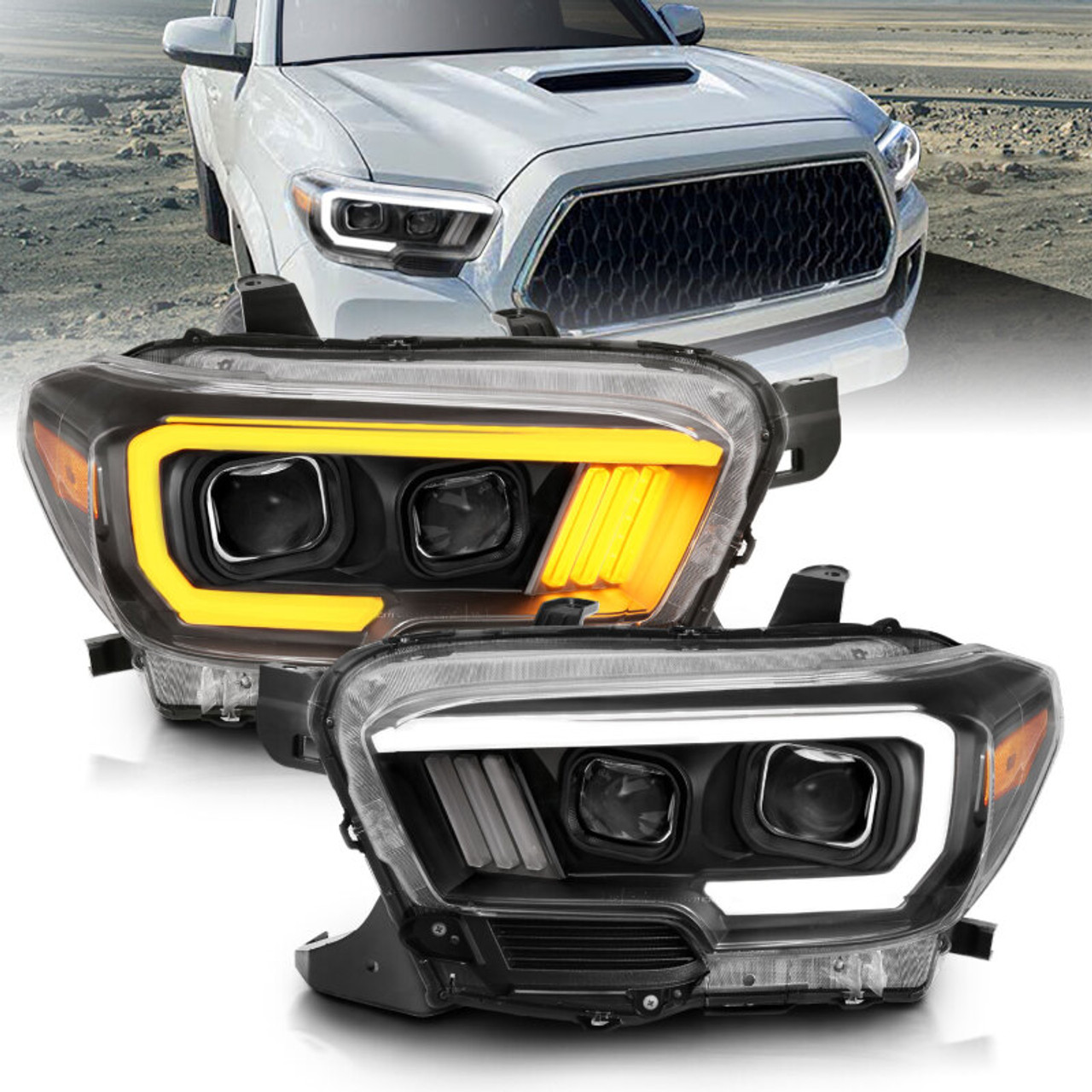 ANZO 2016-2017 Toyota Tacoma Projector Headlights w/ Plank Style Switchback Black w/ Amber - 111396