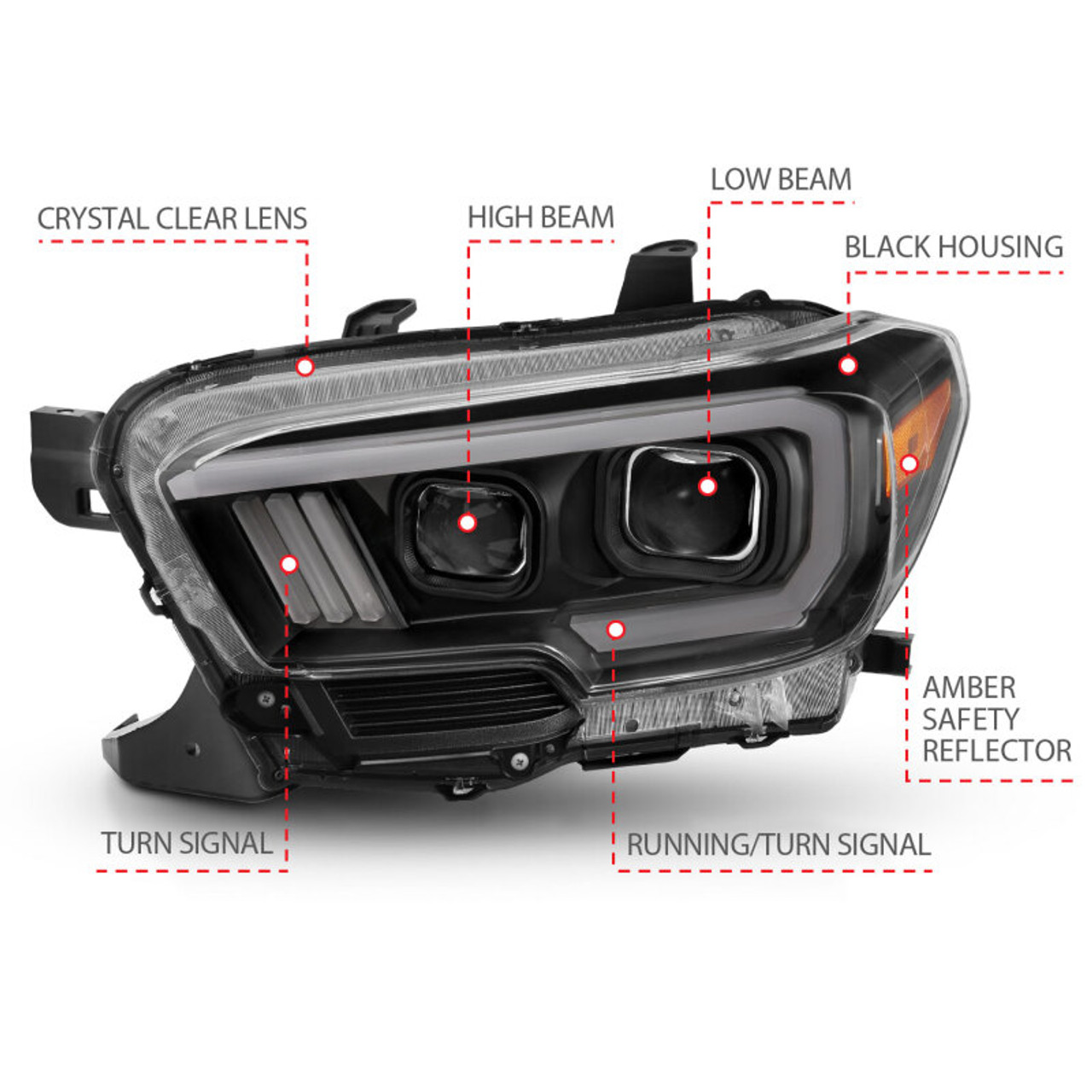 ANZO 2016-2017 Toyota Tacoma Projector Headlights w/ Plank Style Switchback Black w/ Amber w/ DRL - 111397