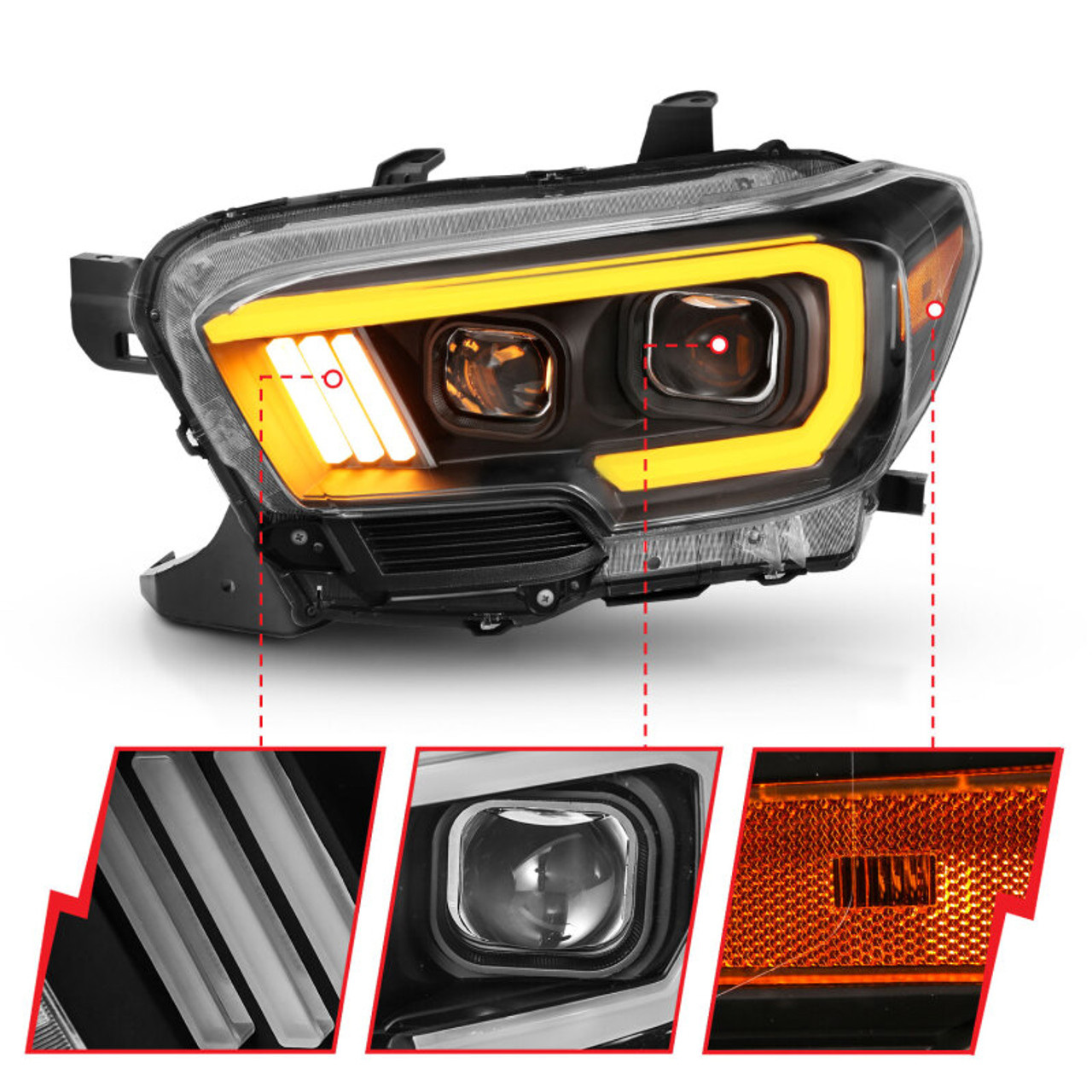 ANZO 2016-2017 Toyota Tacoma Projector Headlights w/ Plank Style Switchback Black w/ Amber w/ DRL - 111397