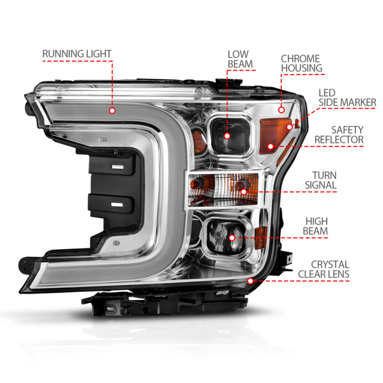 ANZO 18-19 Ford F-150 Projector Headlights w/Plank Style Switchback Chrome w/Amber - 111399
