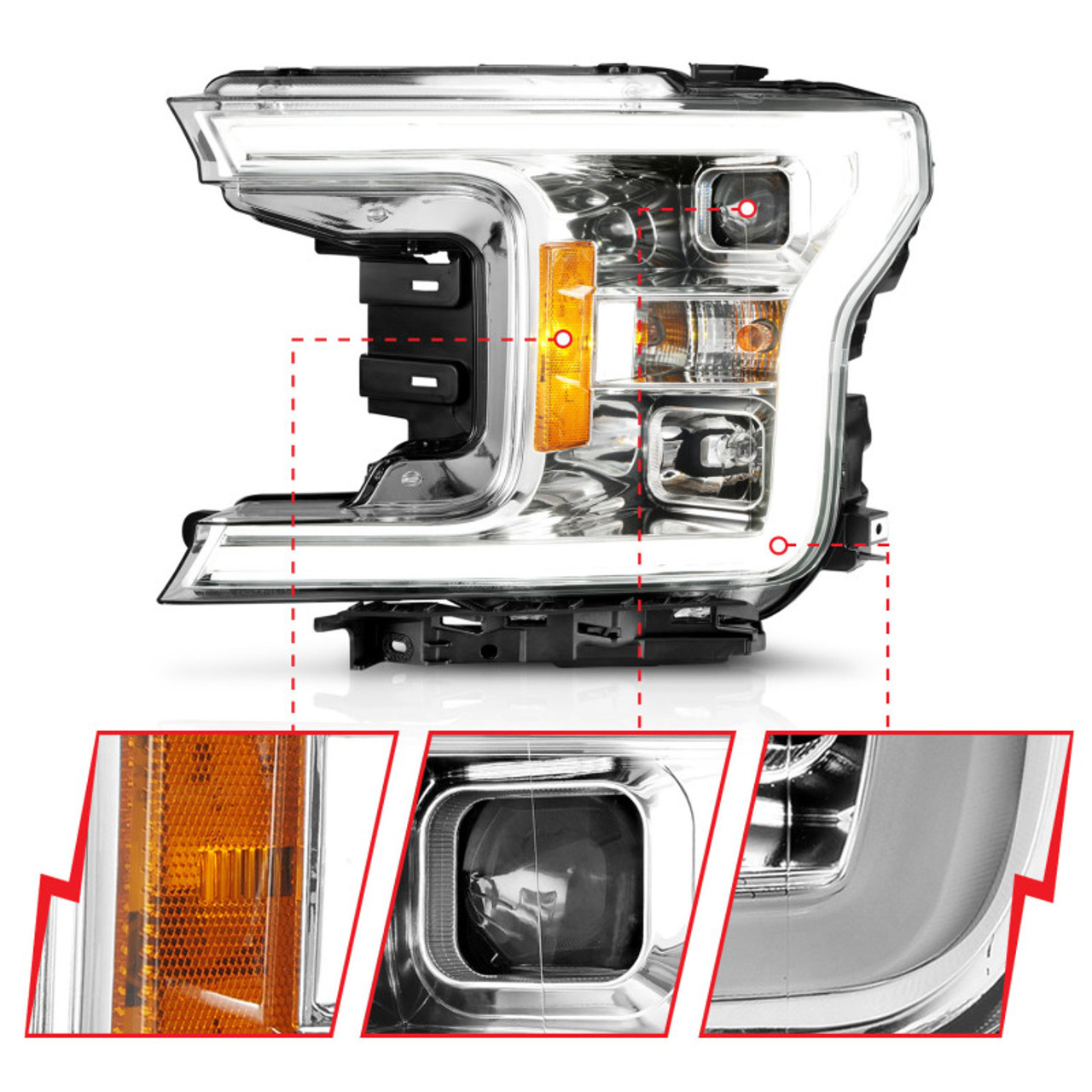 ANZO 18-19 Ford F-150 Projector Headlights w/Plank Style Switchback Chrome w/Amber - 111399