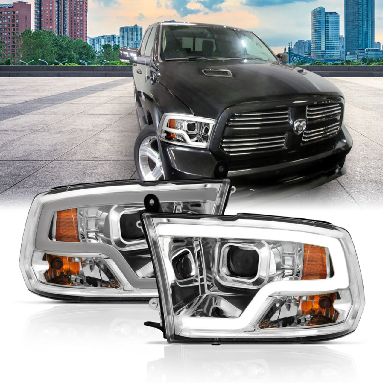 ANZO 09-18 Dodge Ram 1500 Plank Style Projector Headlights Chrome w/ Halo - 111405