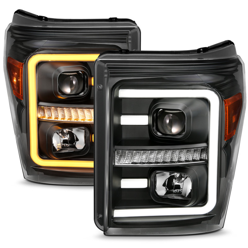 ANZO 2011-2016 Ford F250 Projector Headlights w/ Plank Style Switchback Black w/ Amber - 111406