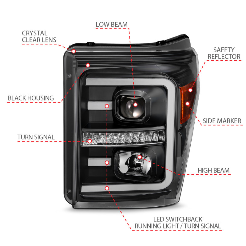 ANZO 2011-2016 Ford F250 Projector Headlights w/ Plank Style Switchback Black w/ Amber - 111406