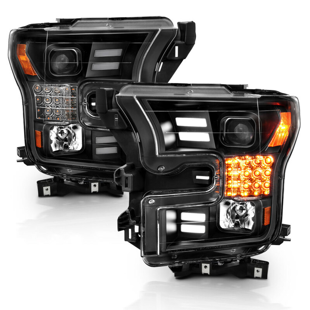 ANZO 15-17 Ford F-150 Project Headlights w/ Plank Style Design Black w/ Amber Sequential Turn Signal - 111408