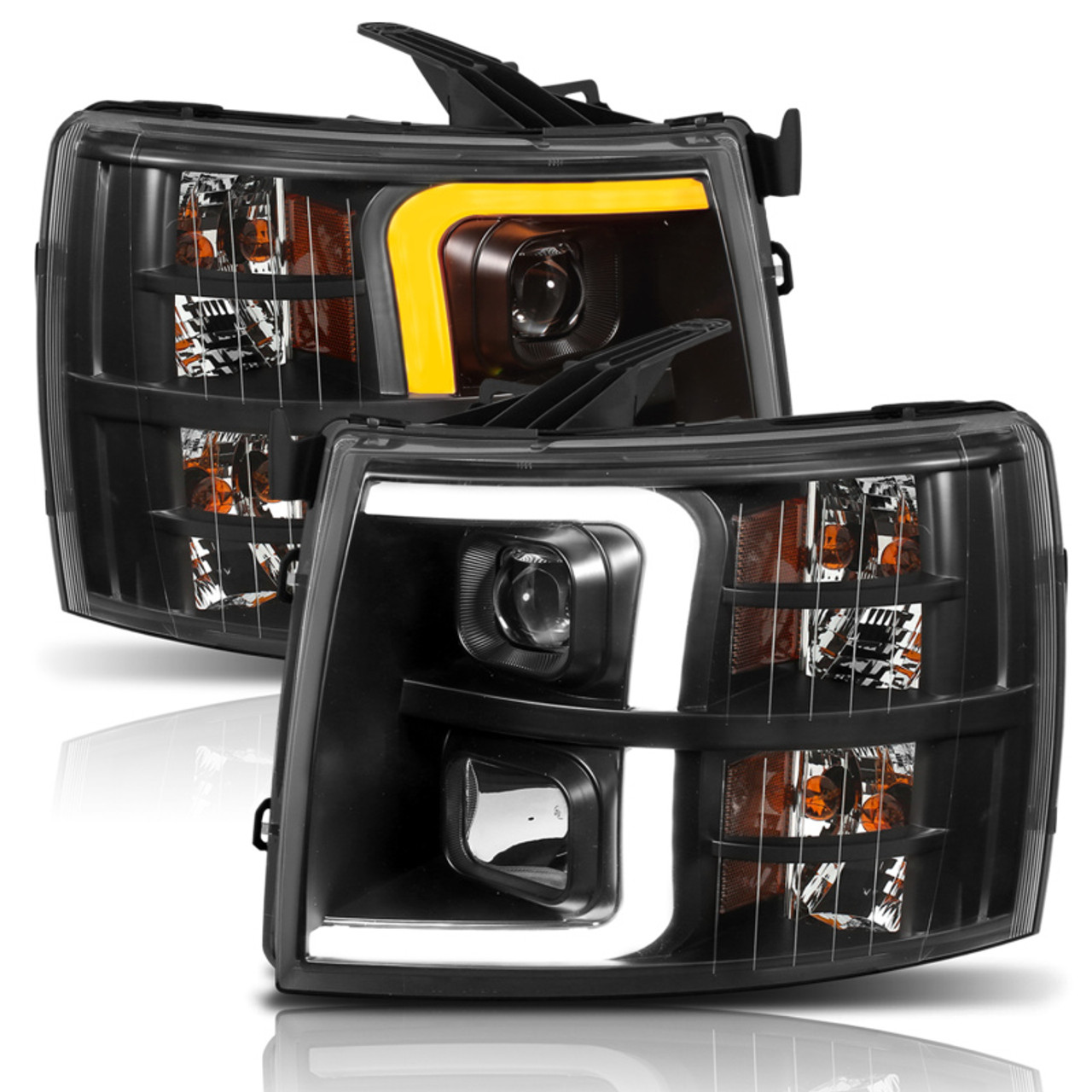 ANZO 07-13 Chevrolet Silverado 1500 Plank Style Projector Headlights Black w/ Amber - 111410