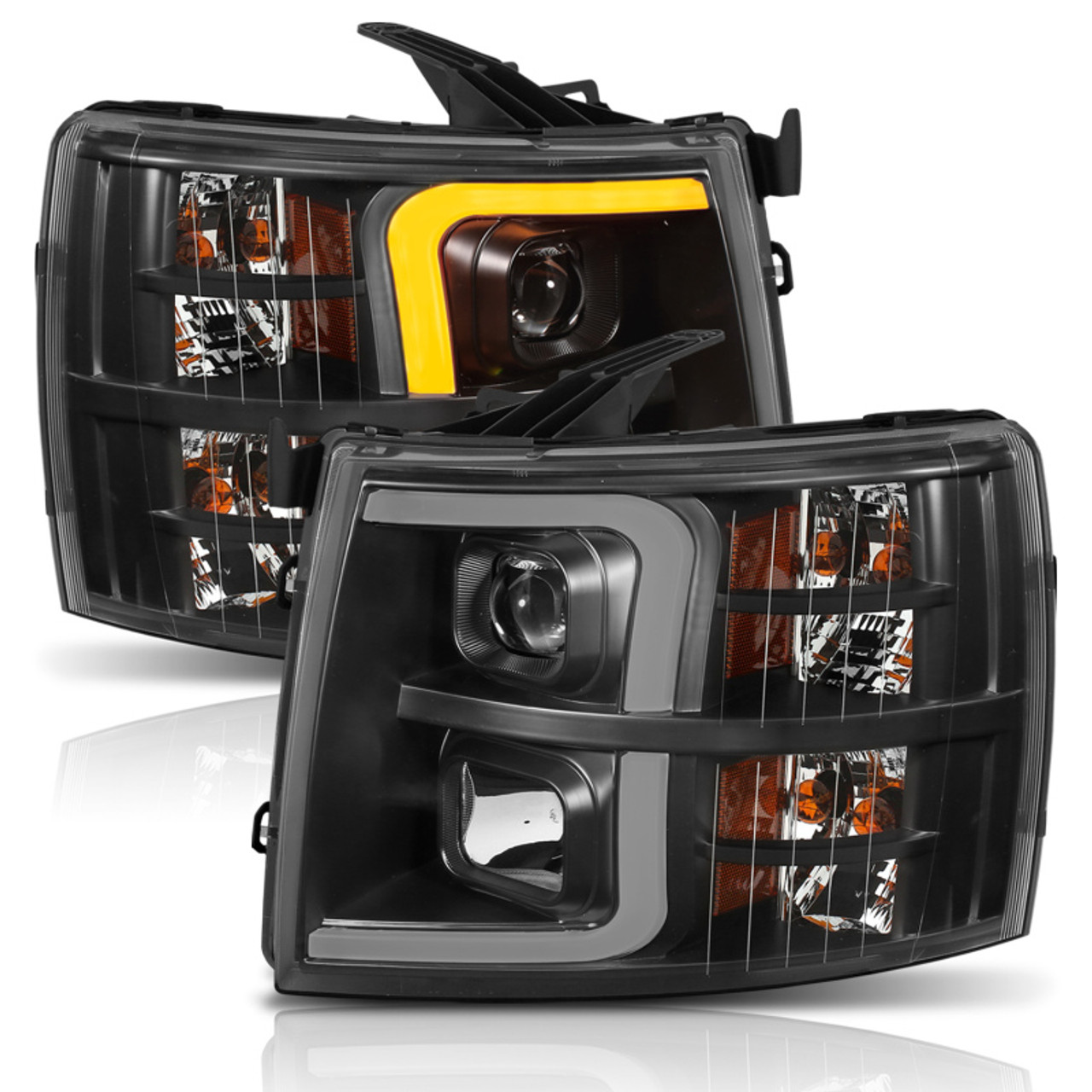 ANZO 07-13 Chevrolet Silverado 1500 Plank Style Projector Headlights Black w/ Amber - 111410
