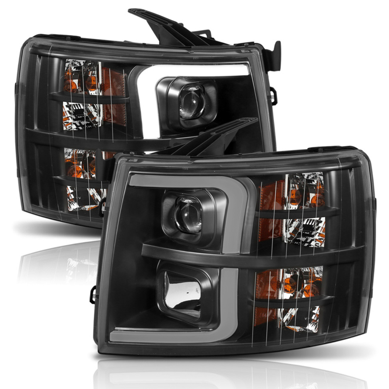 ANZO 07-13 Chevrolet Silverado 1500 Plank Style Projector Headlights Black w/ Amber - 111410