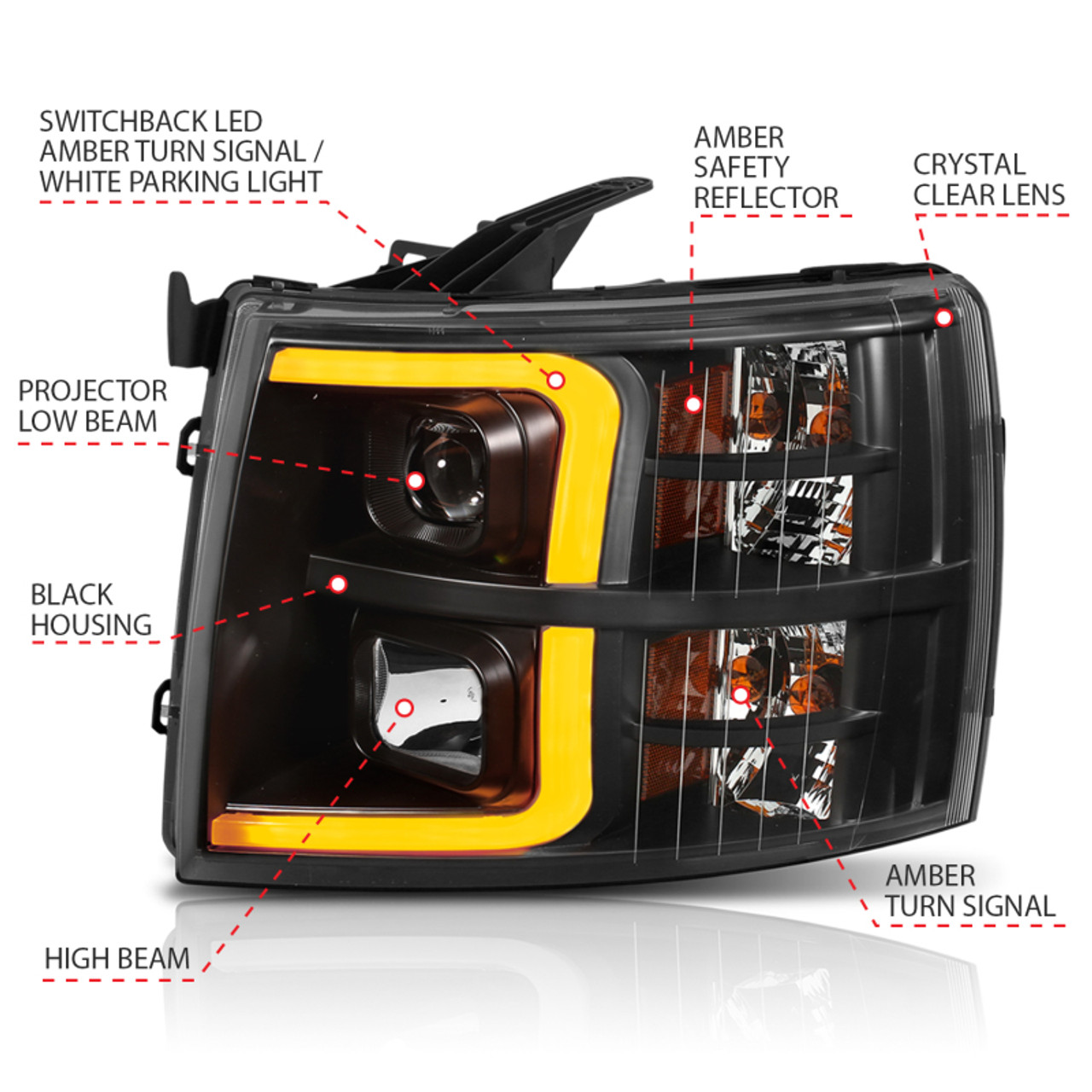ANZO 07-13 Chevrolet Silverado 1500 Plank Style Projector Headlights Black w/ Amber - 111410