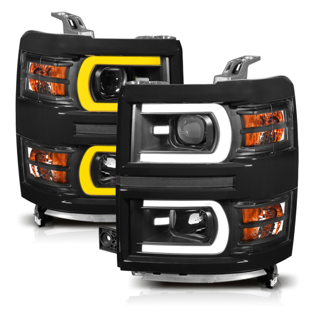 ANZO 14-15 Chevrolet Silverado 1500 Projector Headlights w/ Plank Style Switchback Black w/ Amber - 111412