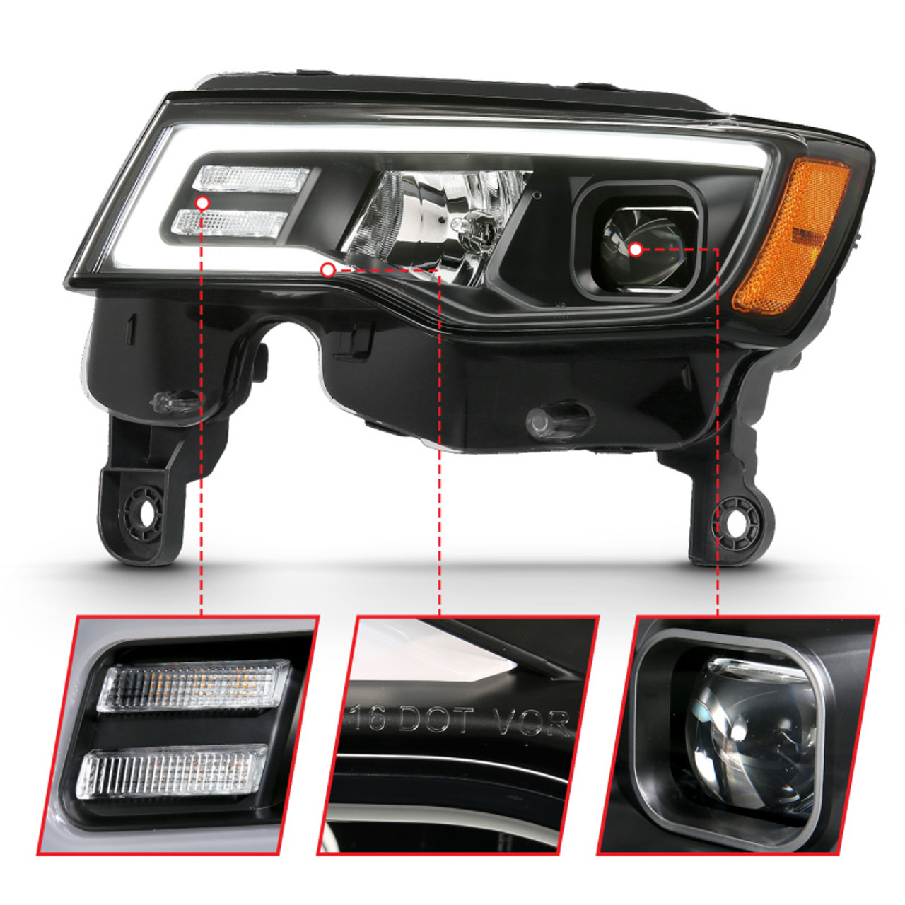 ANZO 2017-2018 Jeep Grand Cherokee Projector Headlights w/ Plank Style Switchback - Black w/ Amber - 111418