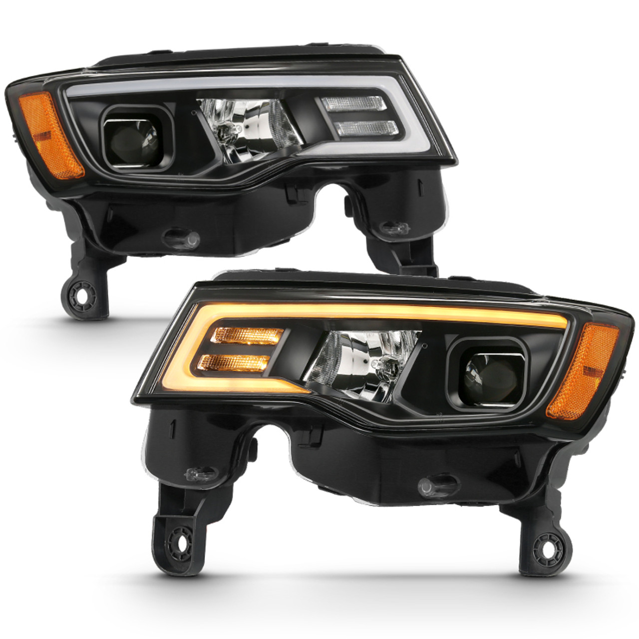 ANZO 2017-2018 Jeep Grand Cherokee Projector Headlights w/ Plank Style Switchback - Black w/ Amber - 111418