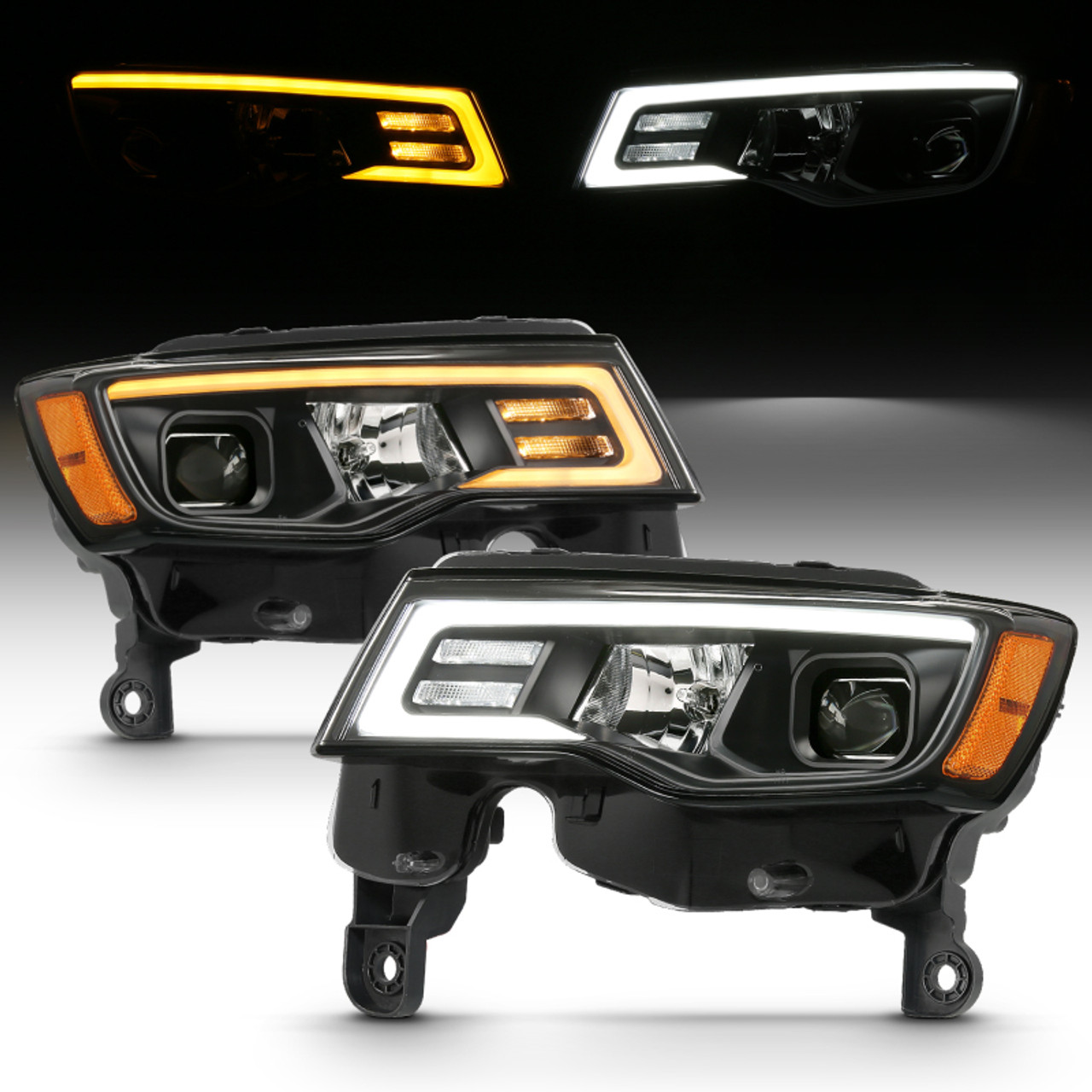 ANZO 2017-2018 Jeep Grand Cherokee Projector Headlights w/ Plank Style Switchback - Black w/ Amber - 111418