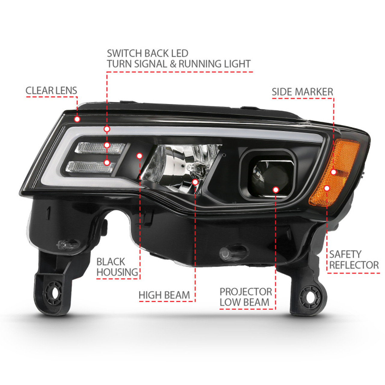 ANZO 2017-2018 Jeep Grand Cherokee Projector Headlights w/ Plank Style Switchback - Black w/ Amber - 111418