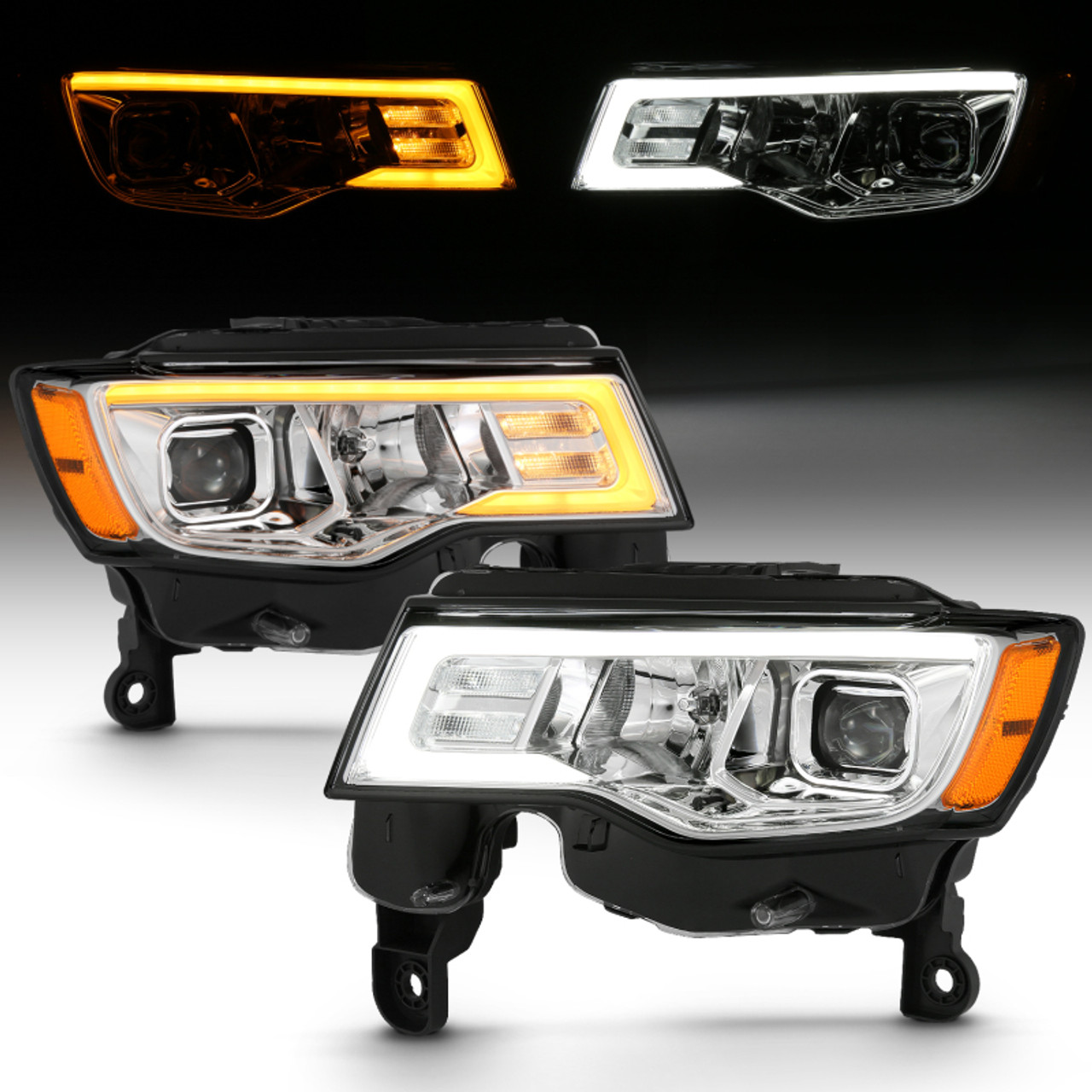 ANZO 2017-2018 Jeep Grand Cherokee Projector Headlights w/ Plank Style Switchback - Chrome w/ Amber - 111419