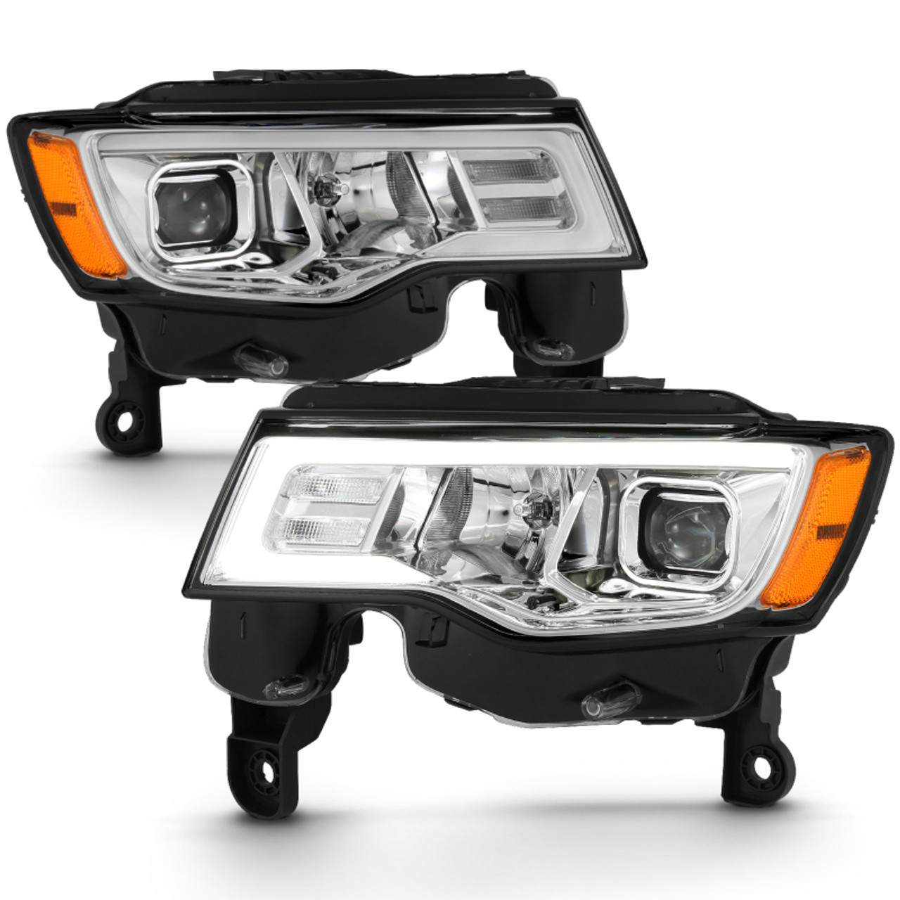 ANZO 2017-2018 Jeep Grand Cherokee Projector Headlights w/ Plank Style Switchback - Chrome w/ Amber - 111419