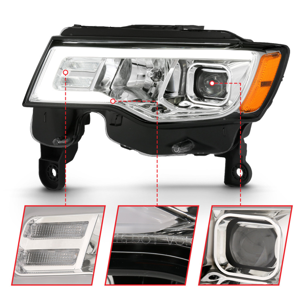 ANZO 2017-2018 Jeep Grand Cherokee Projector Headlights w/ Plank Style Switchback - Chrome w/ Amber - 111419