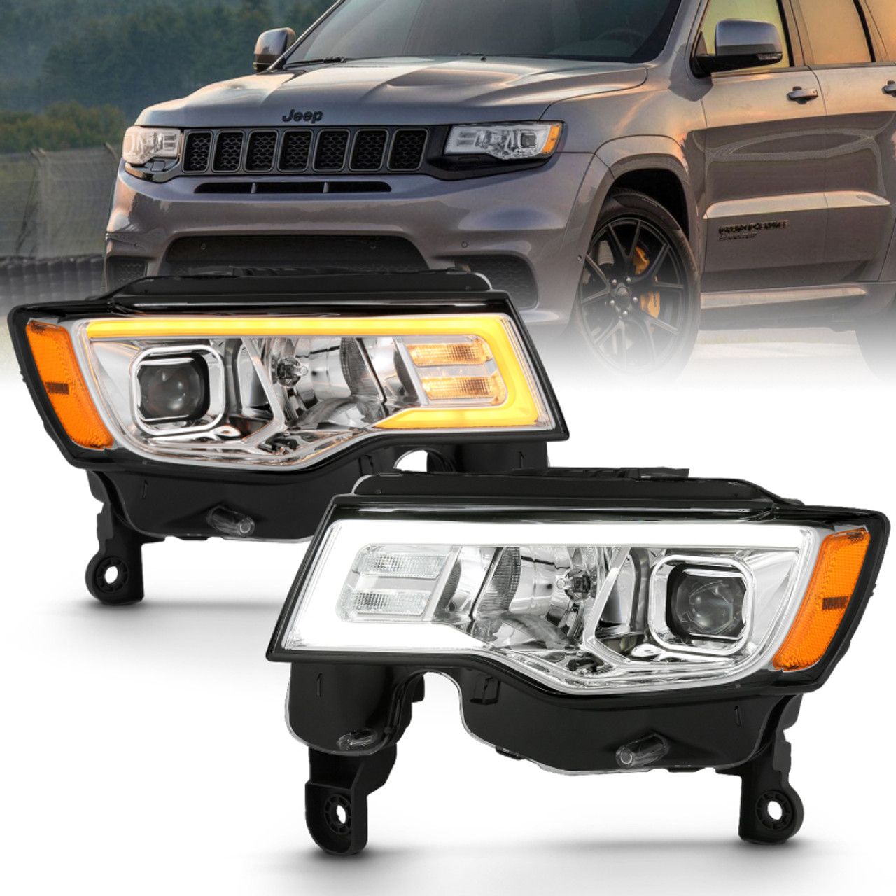 ANZO 2017-2018 Jeep Grand Cherokee Projector Headlights w/ Plank Style Switchback - Chrome w/ Amber - 111419