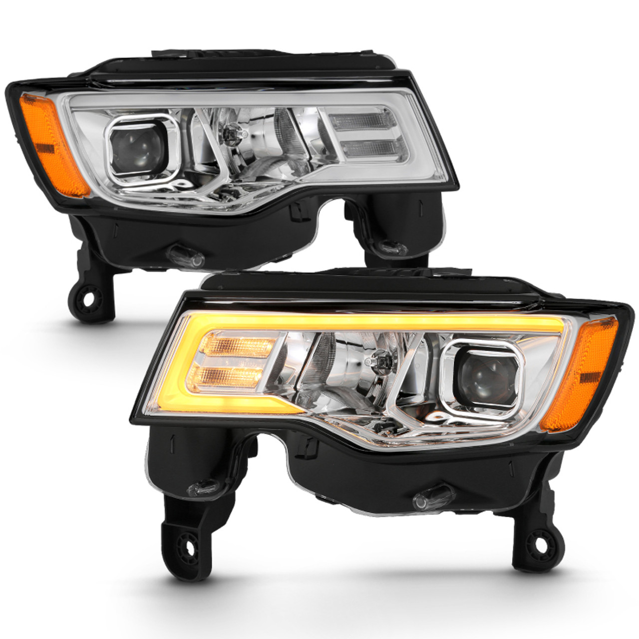 ANZO 2017-2018 Jeep Grand Cherokee Projector Headlights w/ Plank Style Switchback - Chrome w/ Amber - 111419